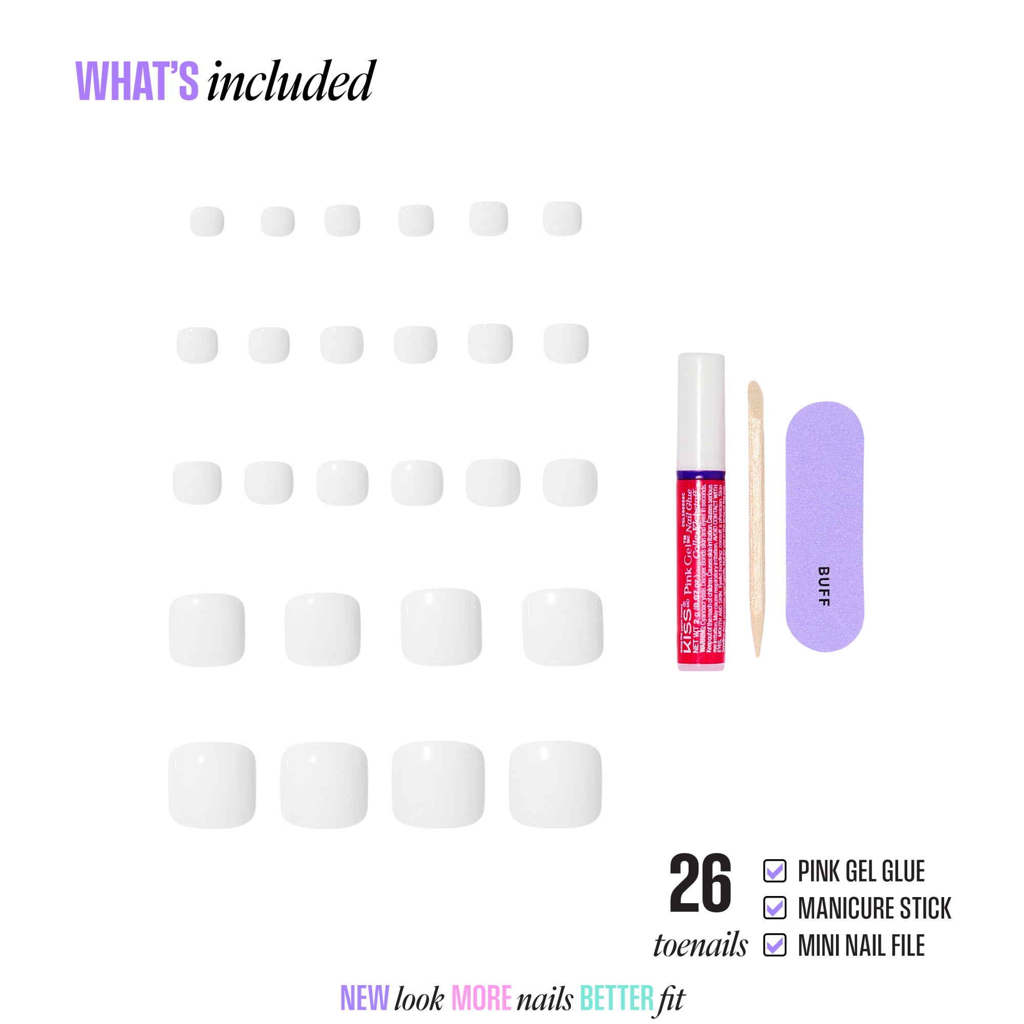 26 press-on toenails kit with gel glue, manicure stick, and nail file included.