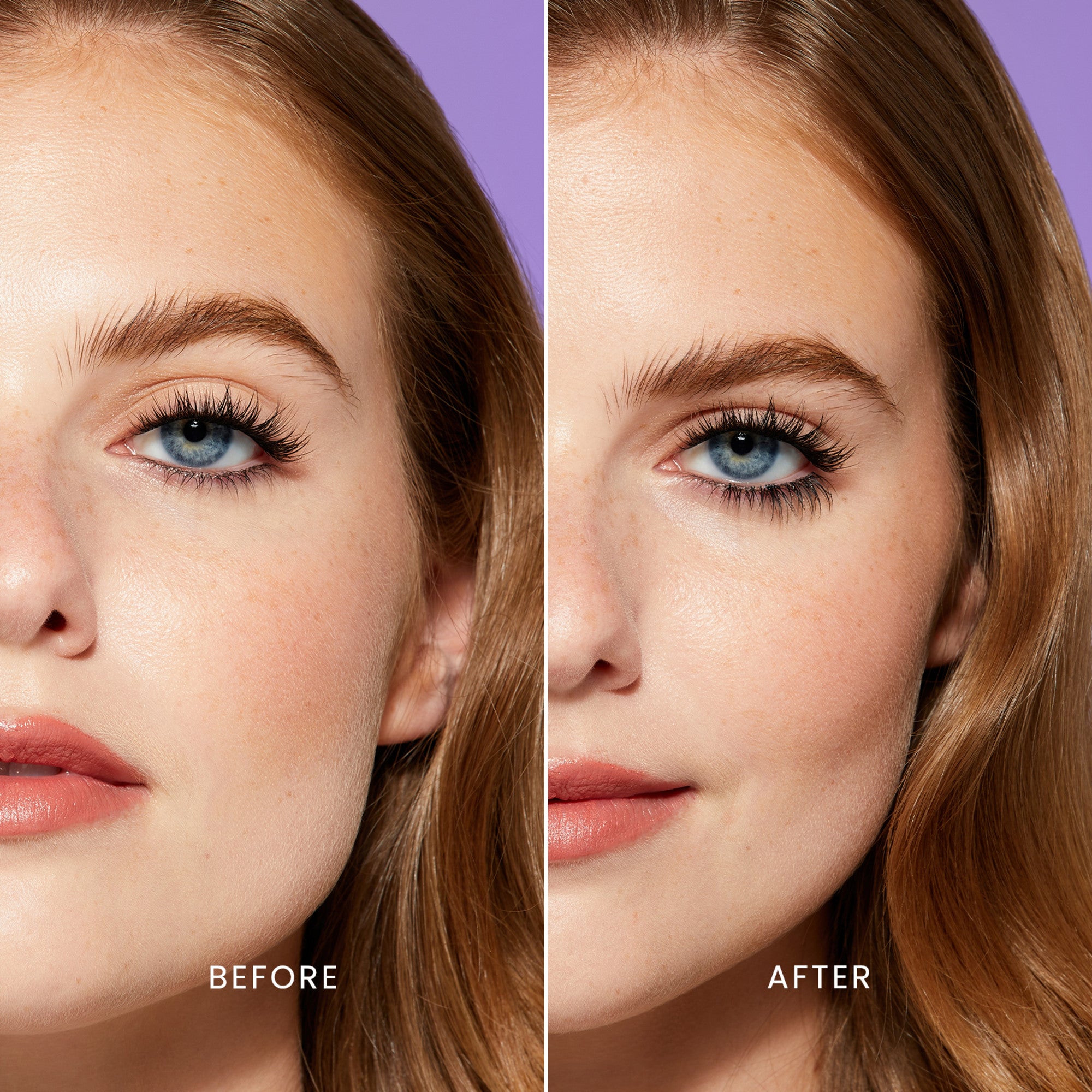 Close-up split view of a woman’s face showing before and after applying bottom lash clusters; the after side has fuller, darker lower eyelashes.