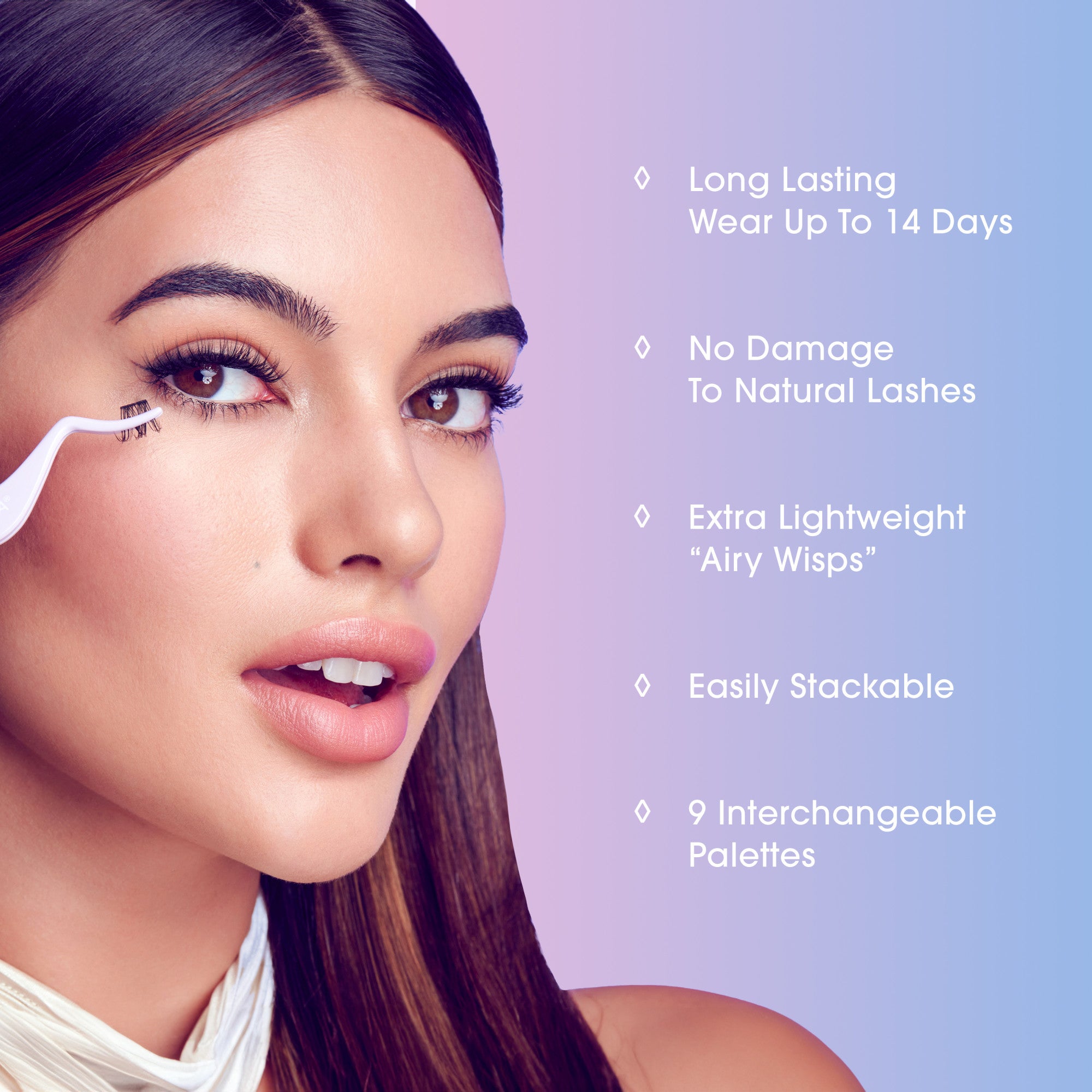 Close-up of a woman with long brown hair applying petite dainty lash extensions with white tweezers, with text highlighting 14-day wear, no lash damage, lightweight airy wisps, easy stacking, and 9 interchangeable palettes.