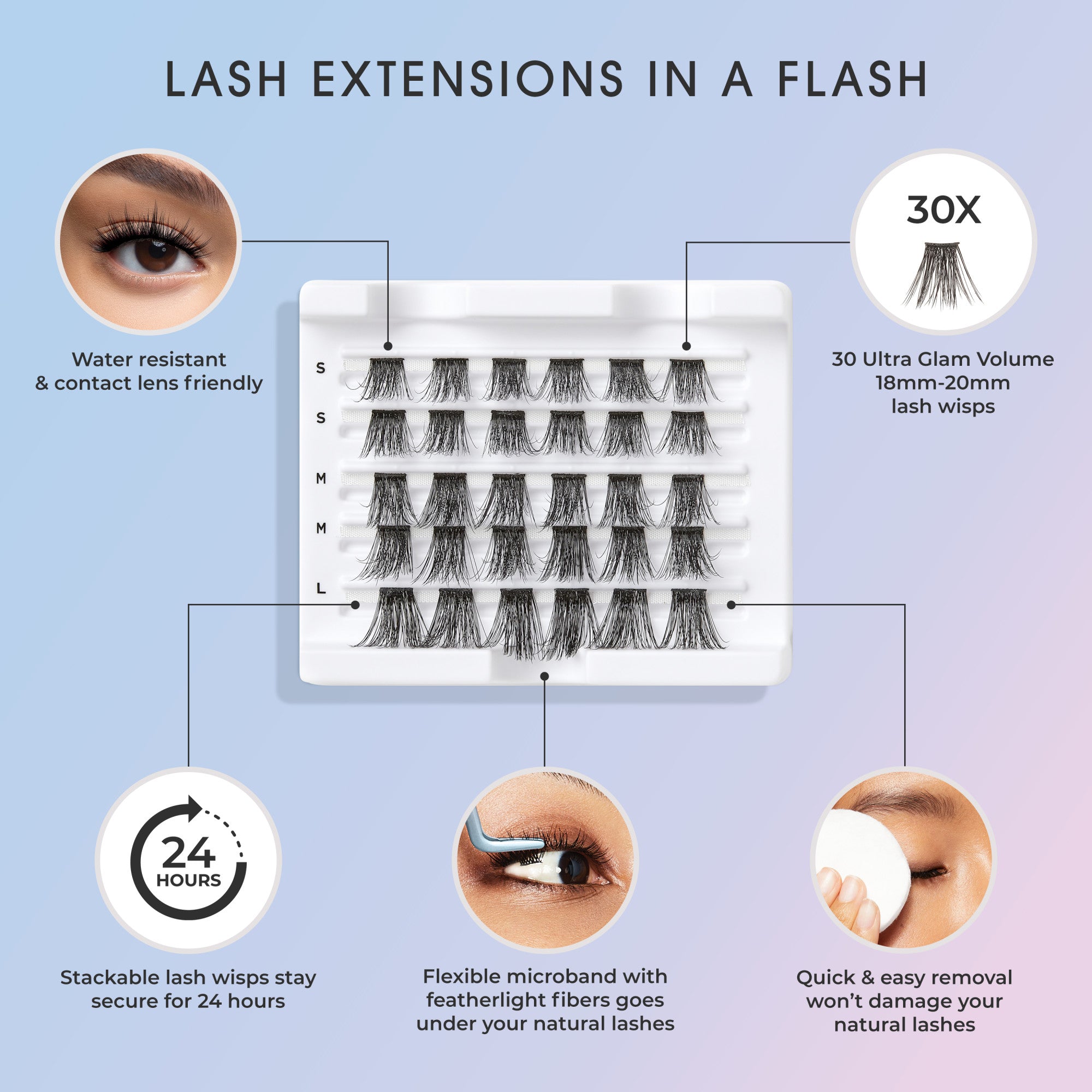 Tray of 30 black FALSCARA Wisps lash extensions in small, medium, and large sizes with claims of 24-hour wear, water resistance, and easy removal.