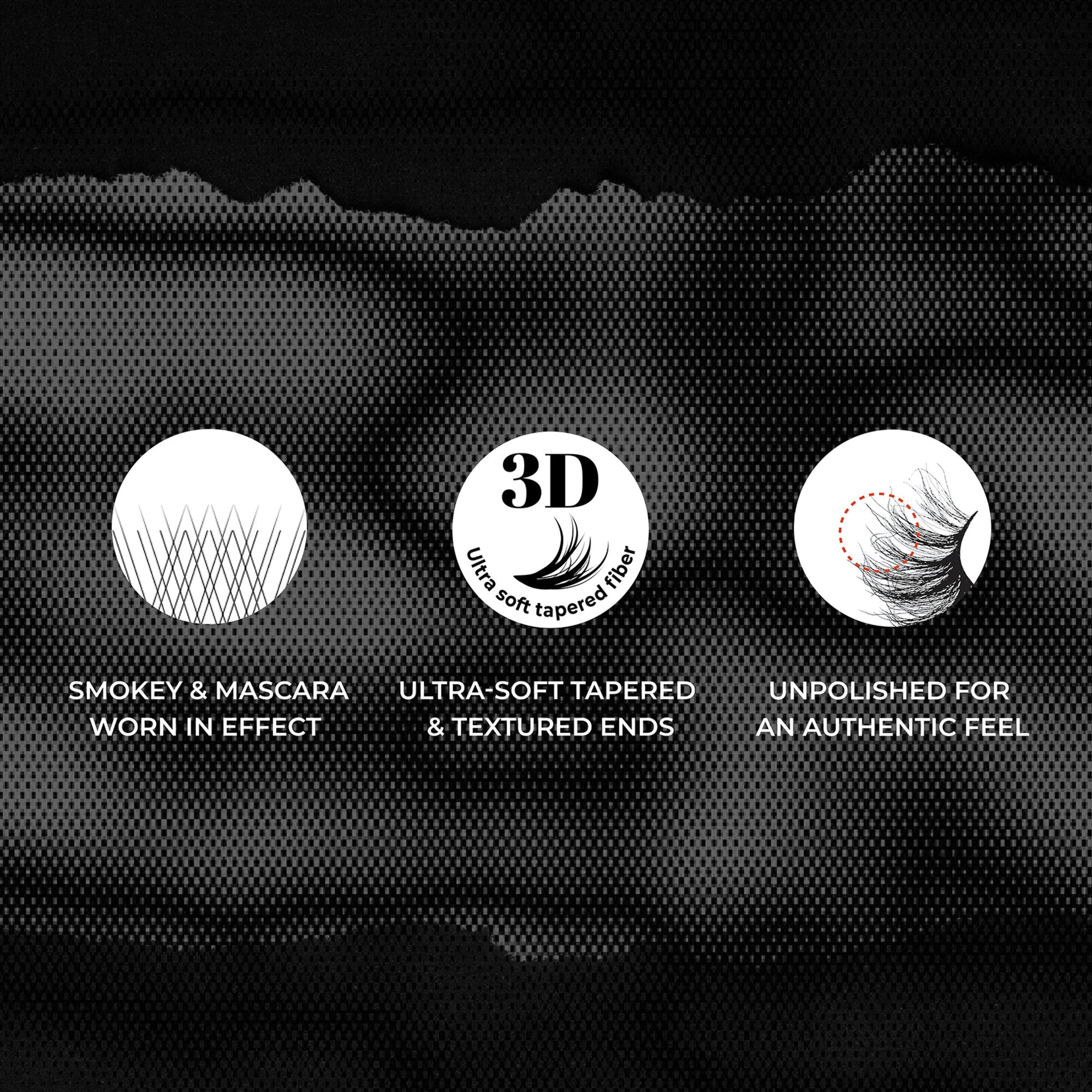 3 icons with text describing key features of KISS Rebel lashes in &
