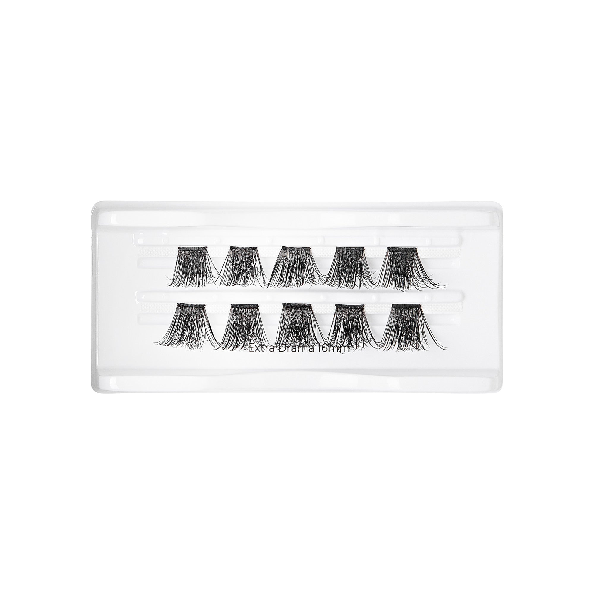 Set of ten black, clustered false eyelash wisps arranged in two rows inside a clear plastic tray, labeled \
