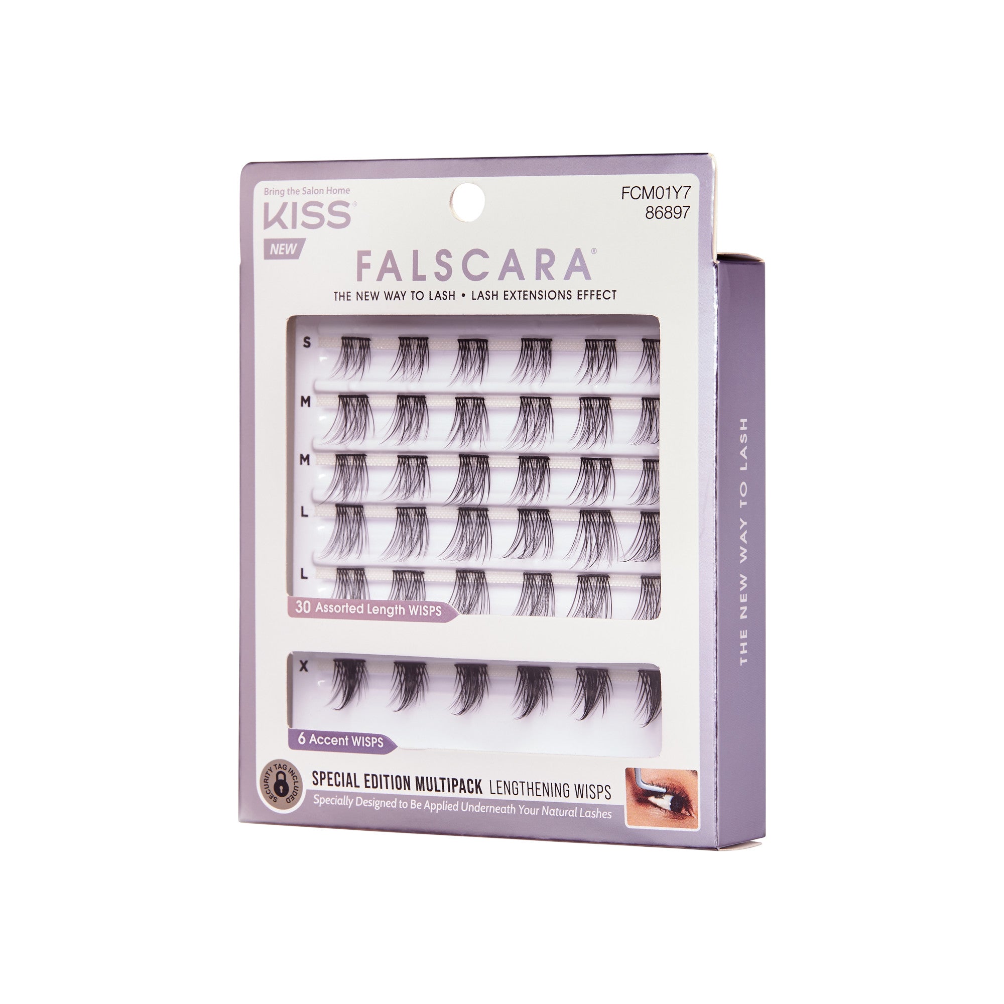 KISS FALSCARA eyelash extension multipack in purple-white packaging, showing 30 assorted length wisps and 6 accent wisps with lash extensions effect.