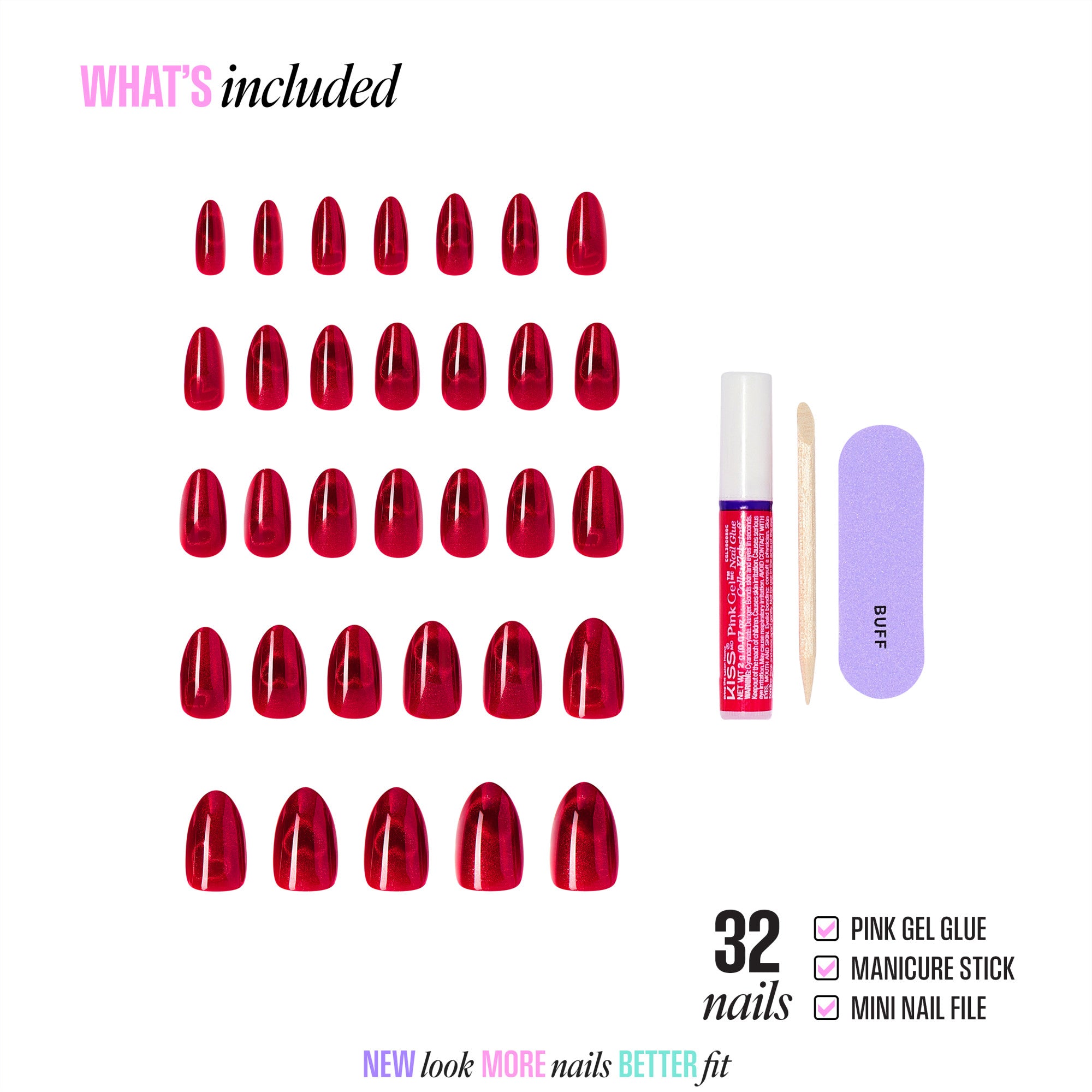 Kiss Glam Embellished Press On Fake Glue Nails - Famous | 3D & Jewel Design, Red, Medium, Almond