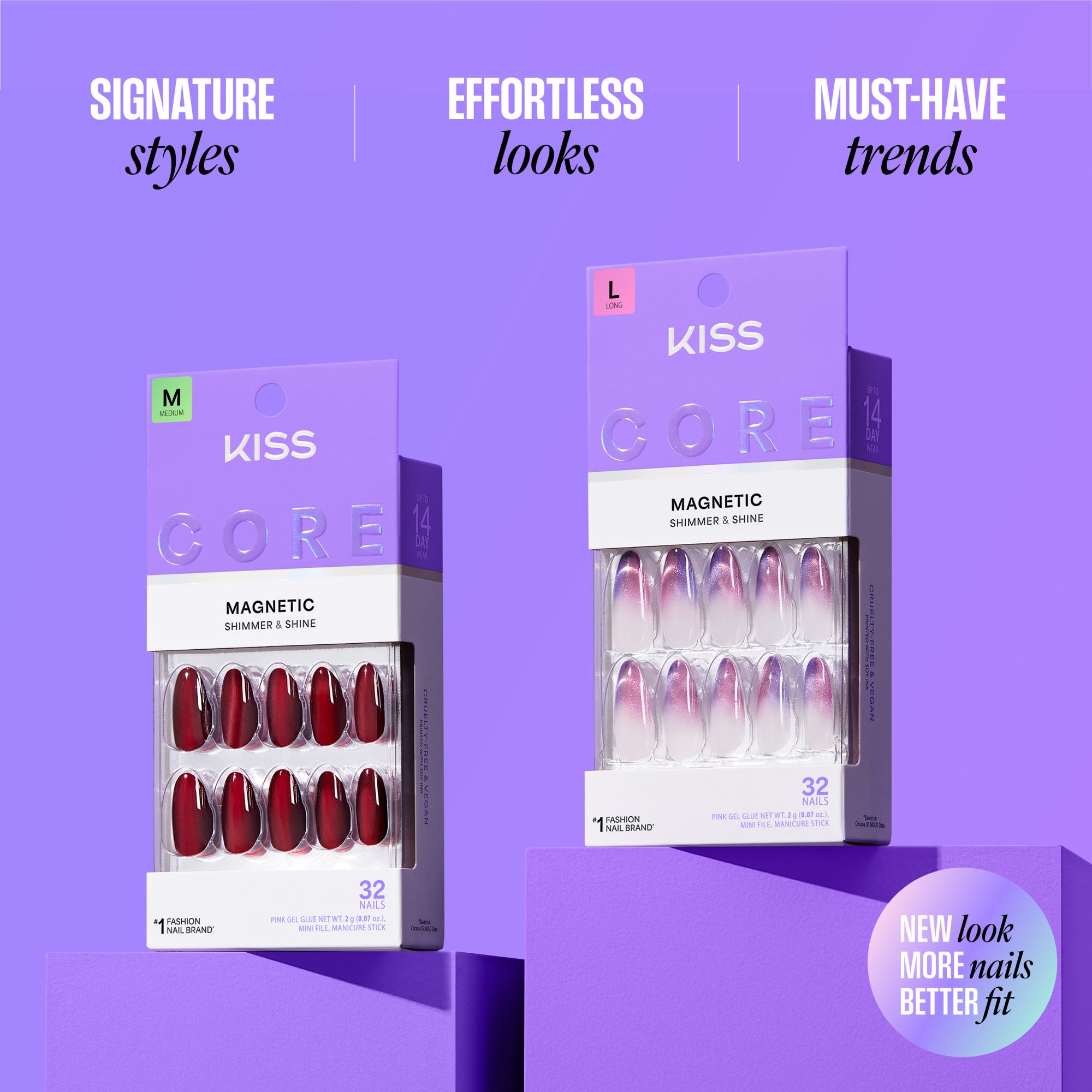 Kiss Core Magnetic Press On Fake Glue Nails - Glaring Sparks | Design, Purple, Medium, Almond