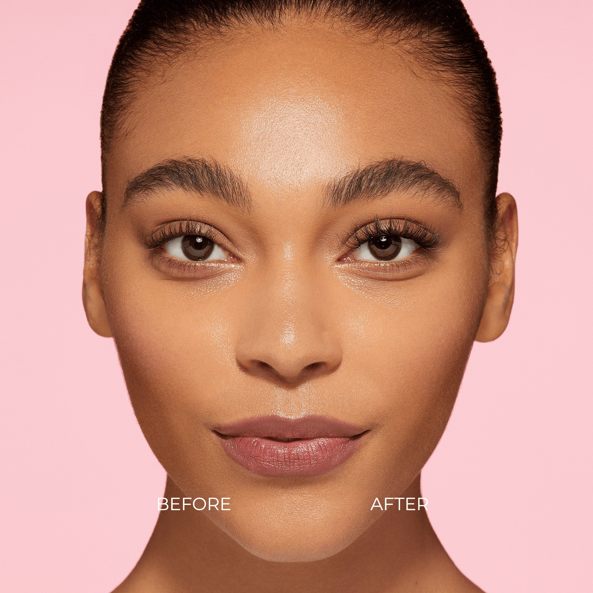 Close-up of a woman’s face against a pink background showing a before-and-after comparison of eyelashes; the left eye has natural lashes, the right eye features fuller, longer self-adhesive lash clusters.