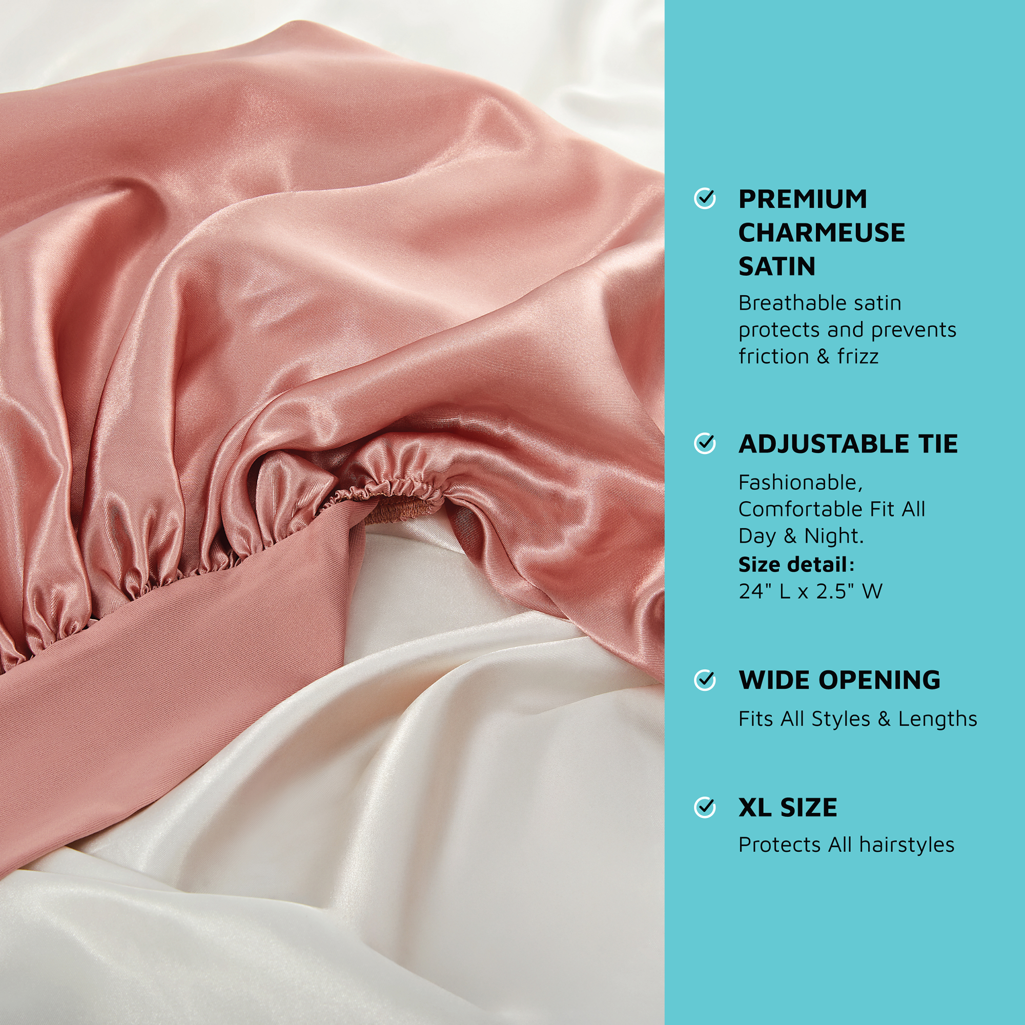 Kiss Colors & Care Silky Satin Tie Band Braid Edge Bonnet - Dust Pink
