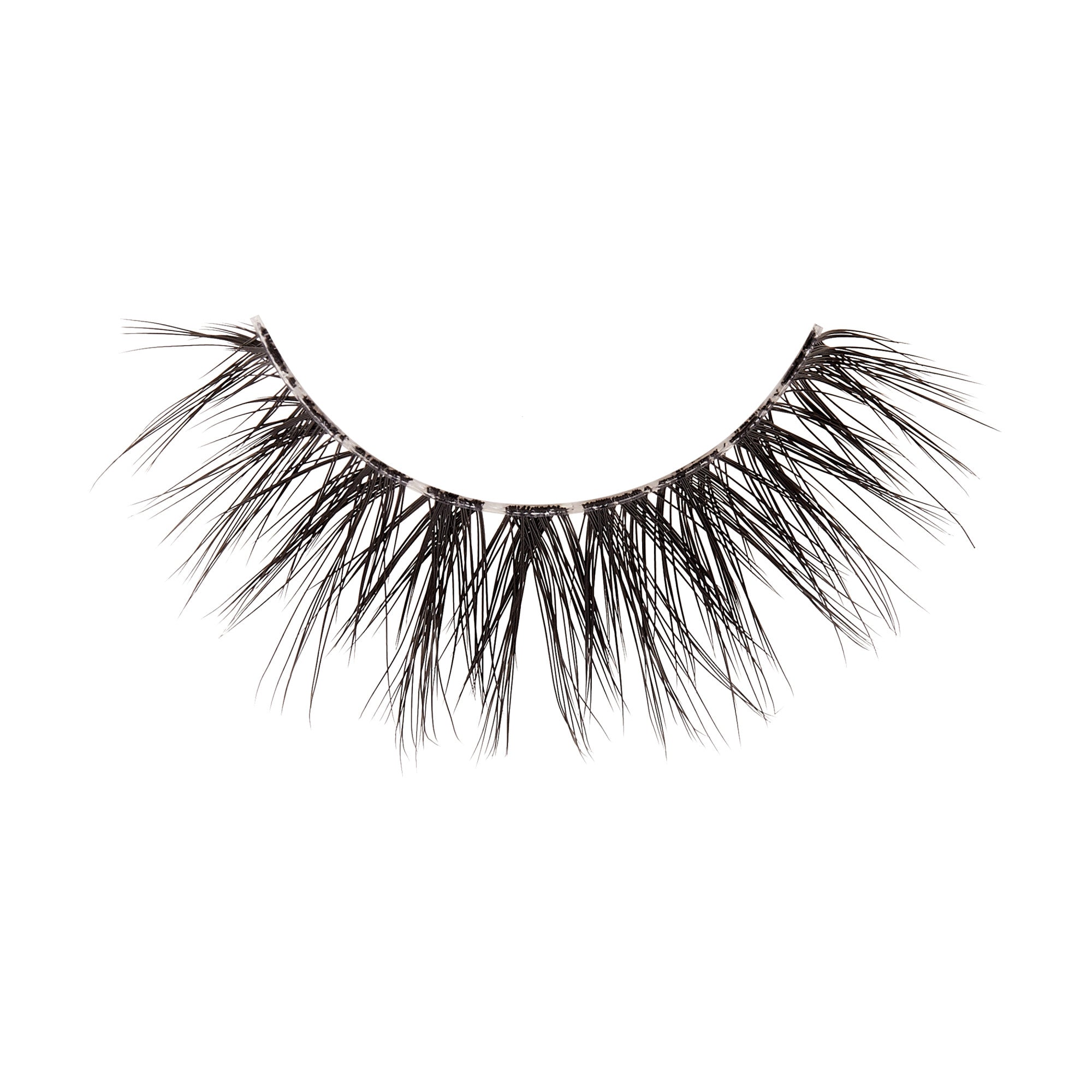 Black false eyelash extension strand with a natural, wispy curl and a lightweight, airy design shown against a white background.