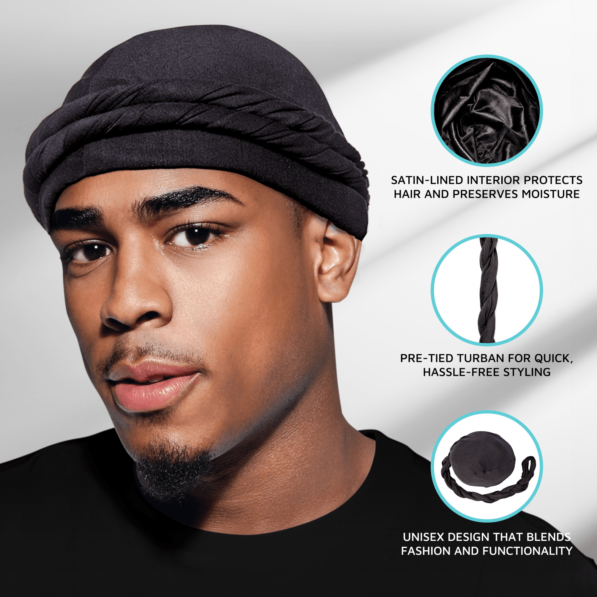 KISS Colors & Care Premium Satin-Lined Halo Turban & 2 Wave Cap, Black