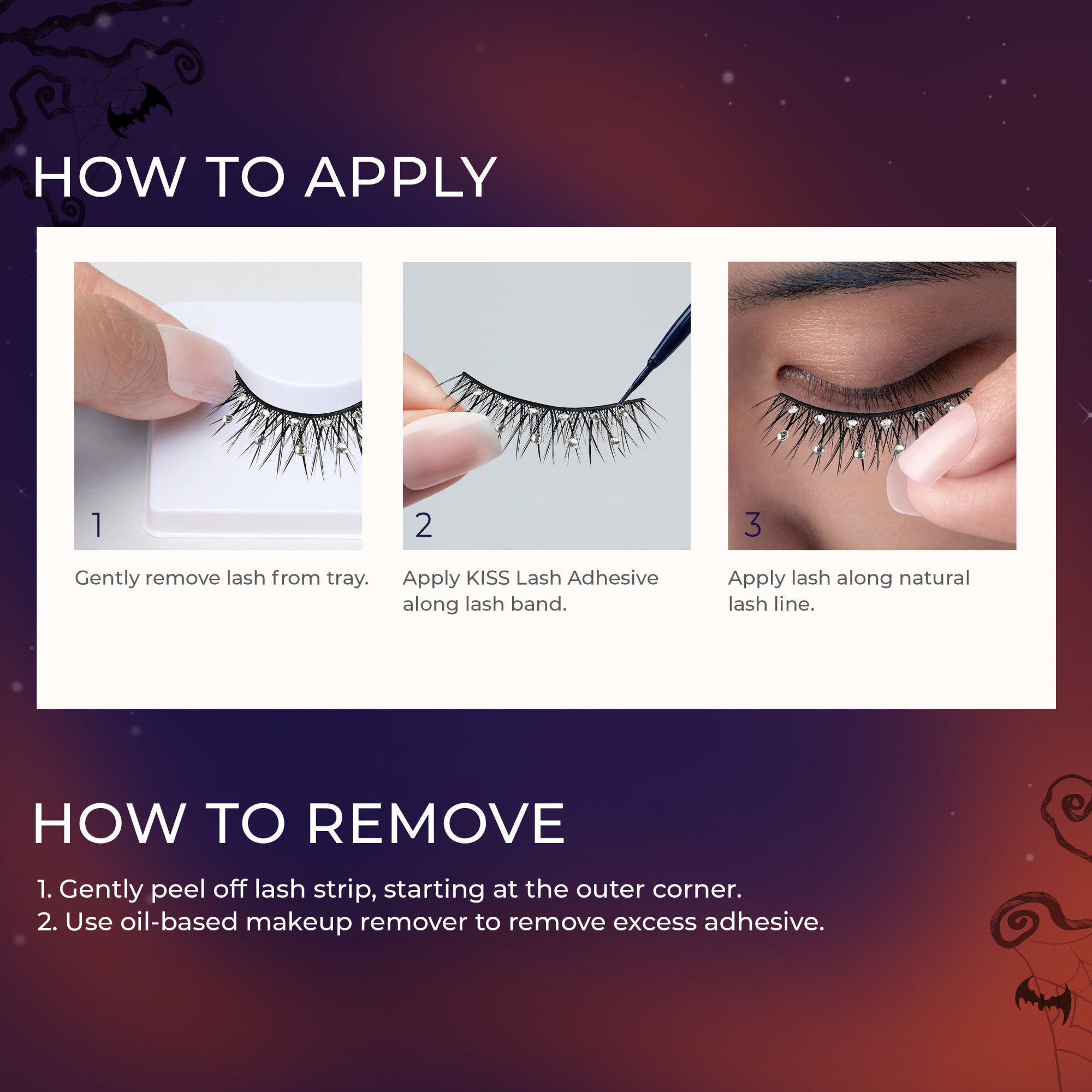 Step-by-step instructions show a hand removing black decorated lashes with gems from a white tray, applying adhesive to the lash band, and placing lashes along the natural lash line. Text explains how to apply and remove the lashes safely.