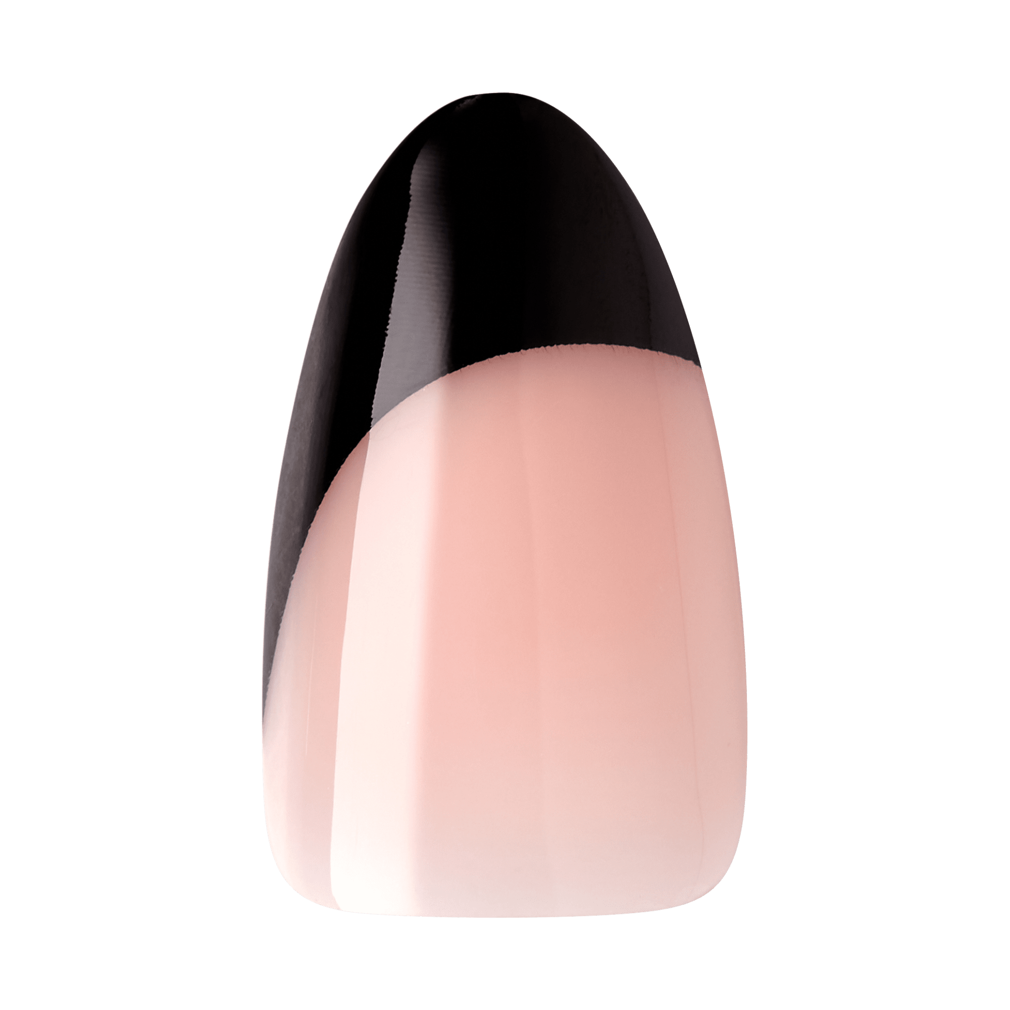 Glossy press-on nail with a nude pink base and an asymmetrical black French tip design, shaped with a rounded square tip.