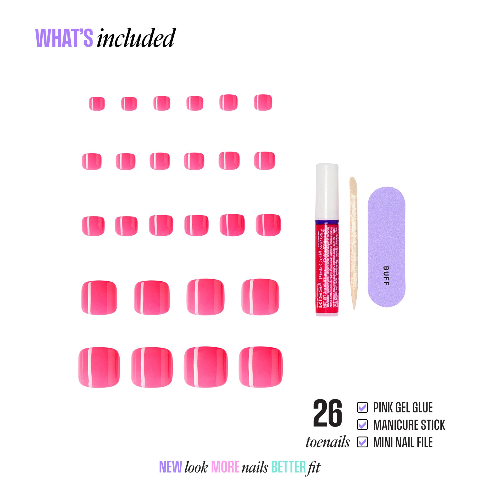26 pink gel press-on nails with gel glue, manicure stick, and mini file included.