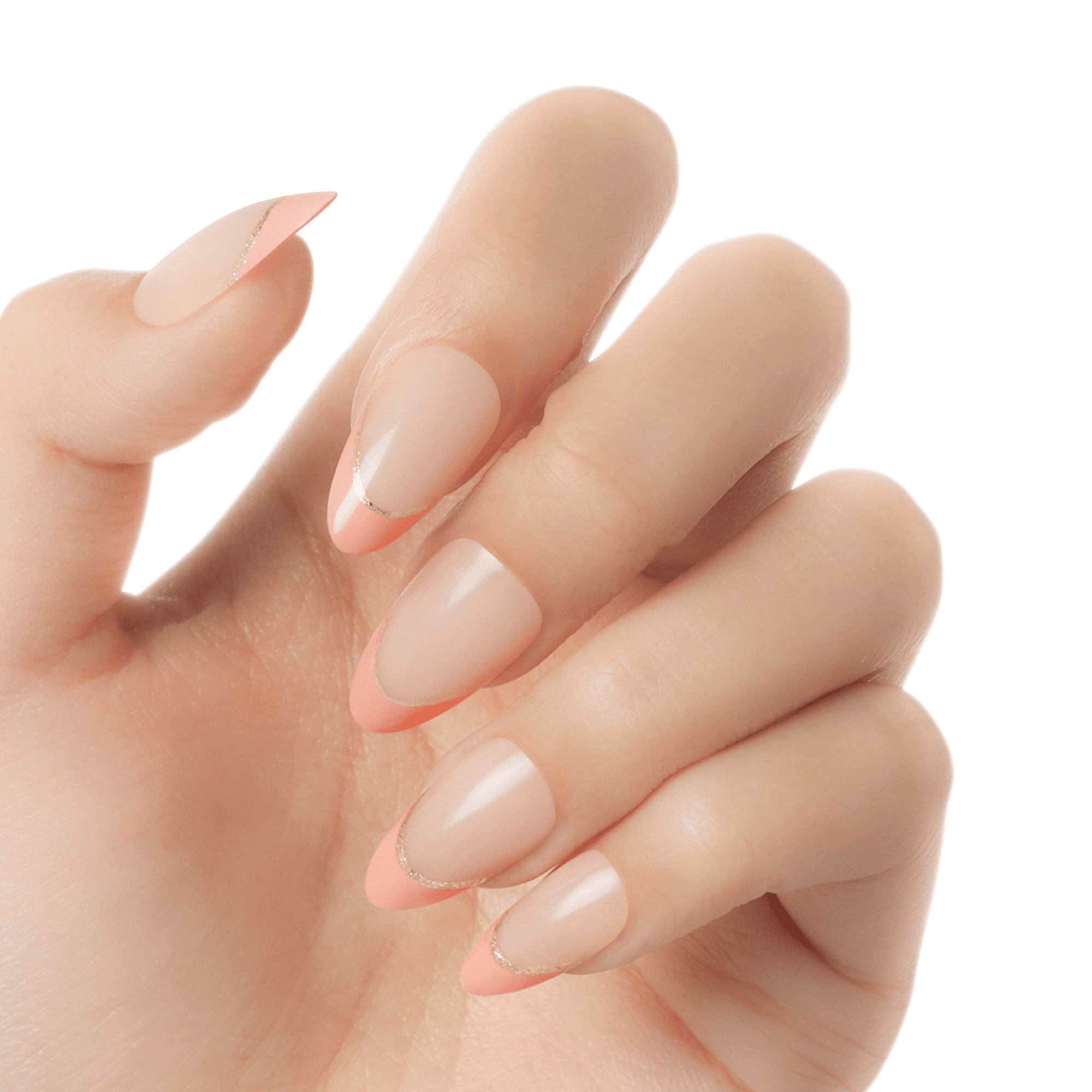 Close-up of a manicured hand wearing KISS Voguish Fantasy nails in &