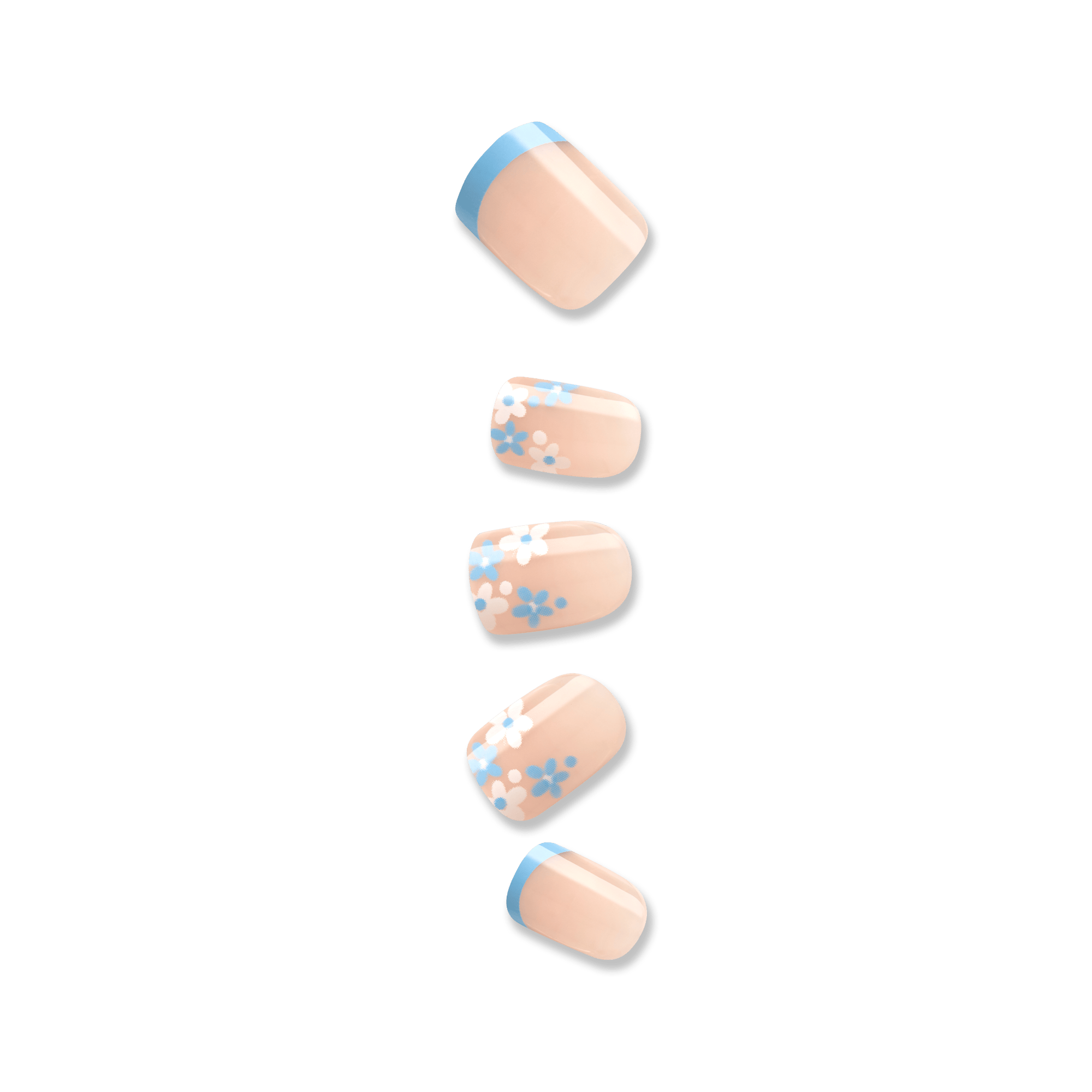 Five press-on nails in a soft nude shade with sky blue French tips on two nails and white and blue floral designs on the other three.
