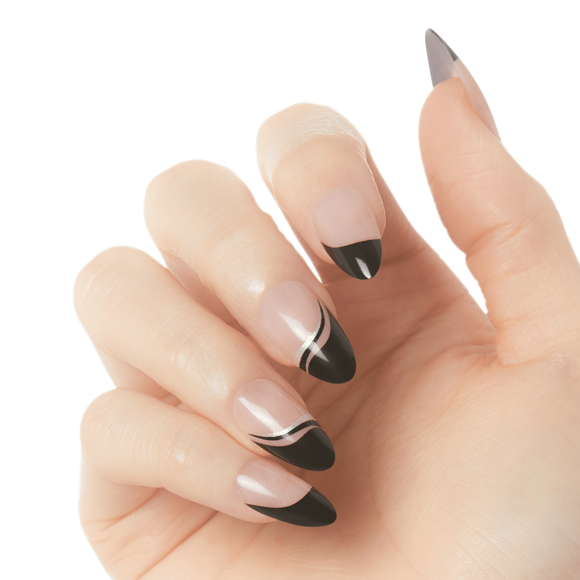 Hand showing five fingers with long, almond-shaped press-on nails featuring a nude base and black French-tip design with a thin silver wave accent on two nails.