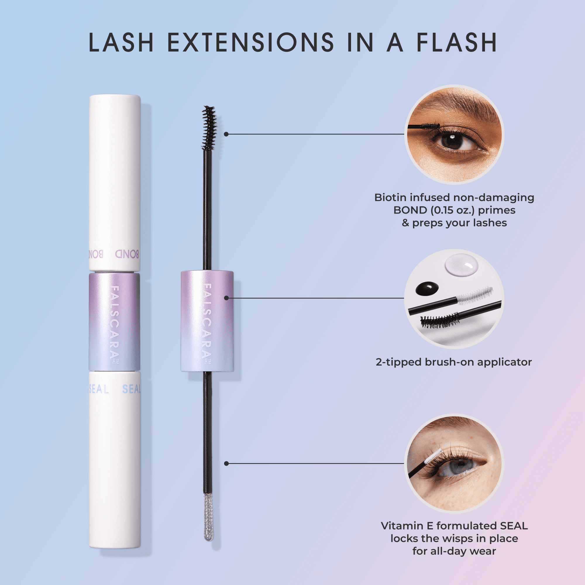 Dual-ended FALSCARA Bond & Seal lash product with black and clear brushes, highlighting biotin-infused bond primer and Vitamin E seal for all-day wear.