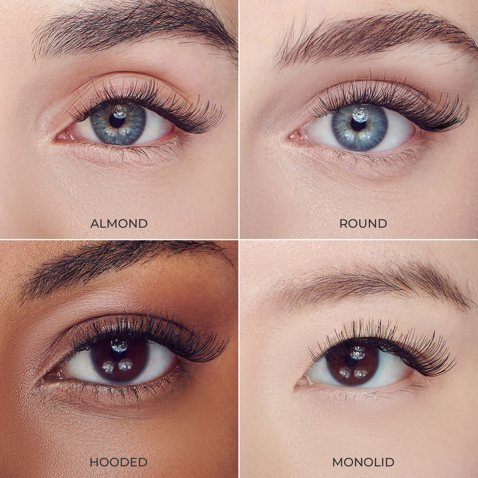 Close-up of four eyes showing FALSCARA Wisps in different styles labeled Almond, Round, Hooded, and Monolid, highlighting natural, wispy lashes on diverse skin tones.