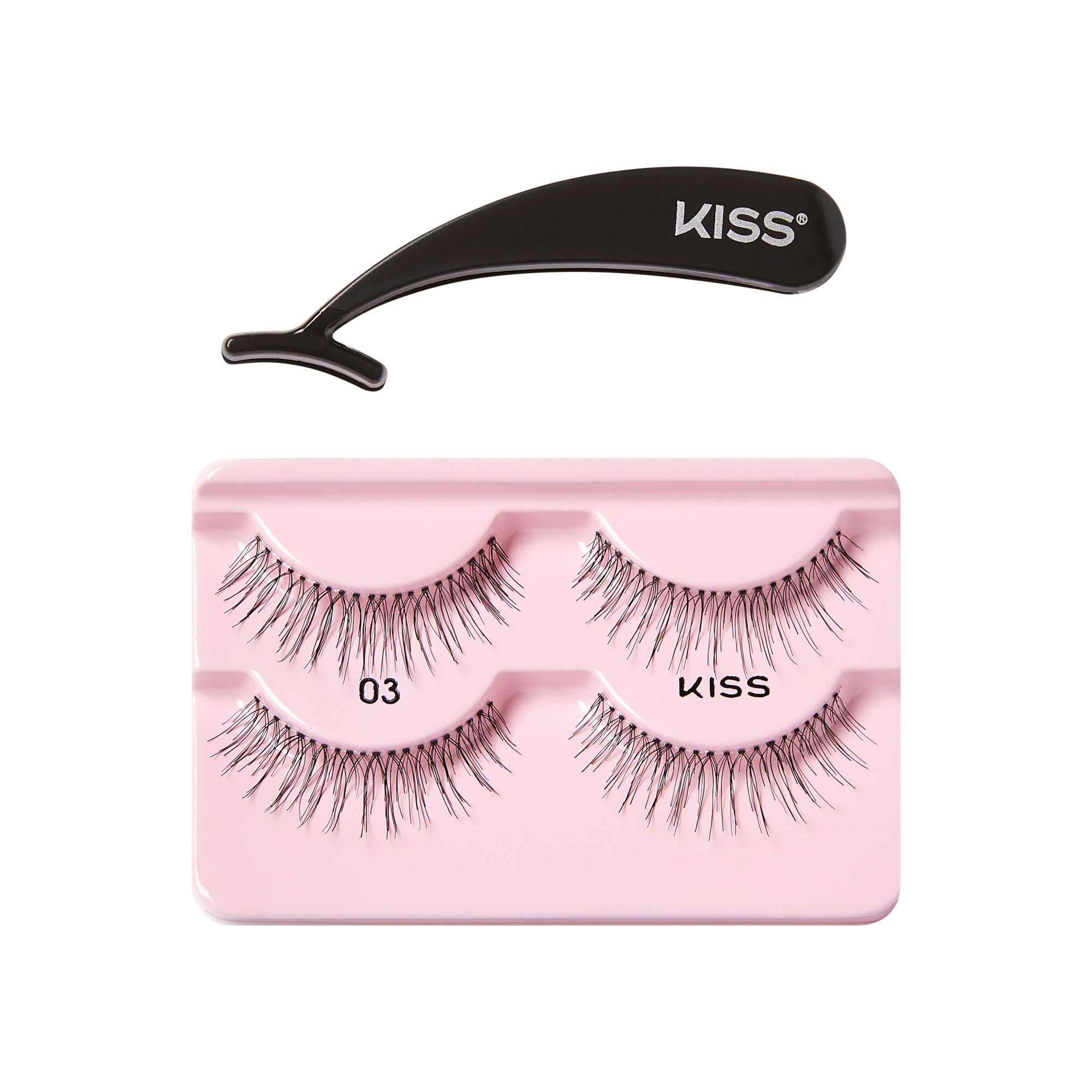 Two pairs of natural-looking false eyelashes labeled \