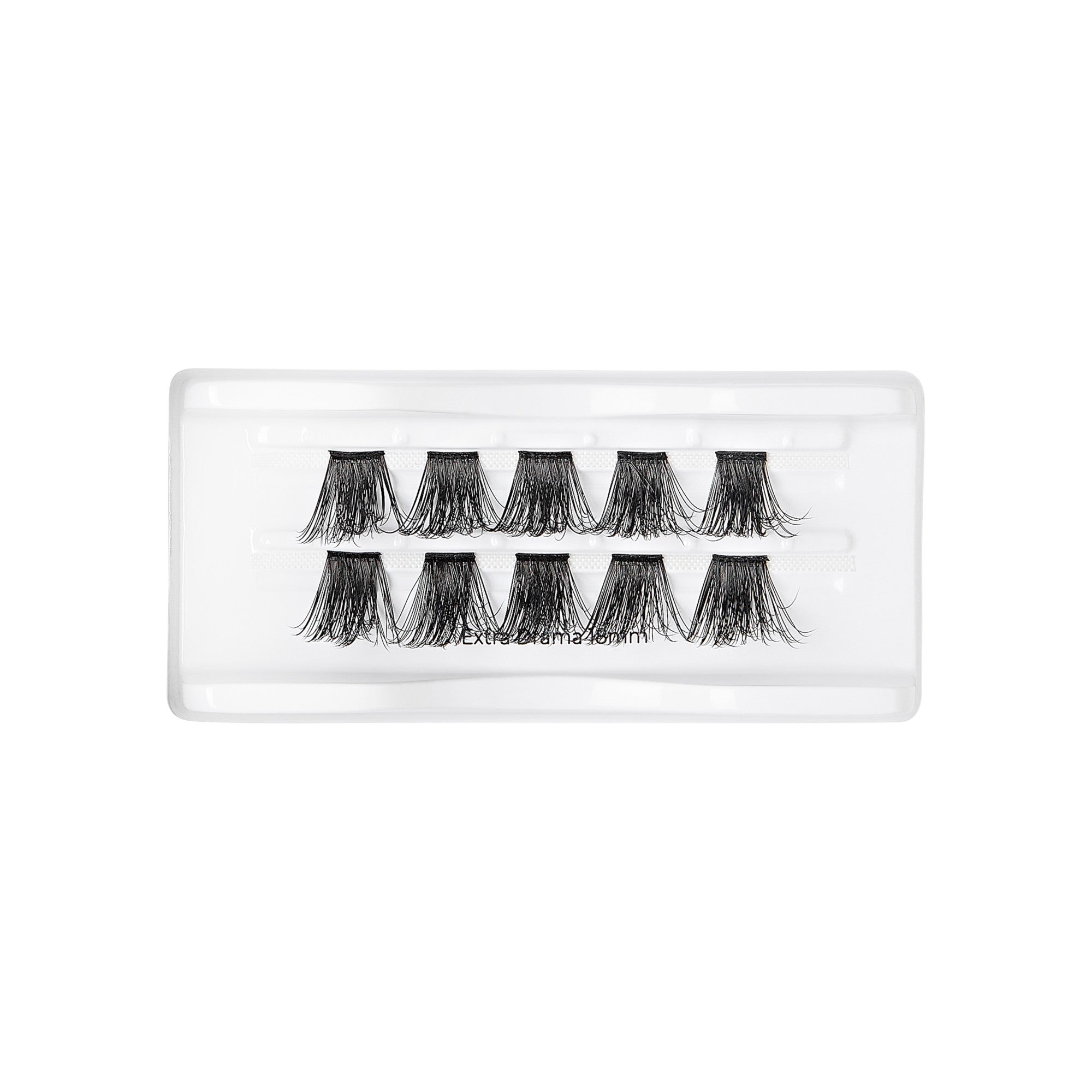 Black wispy false eyelash clusters arranged in two rows of five inside a clear plastic tray, labeled \