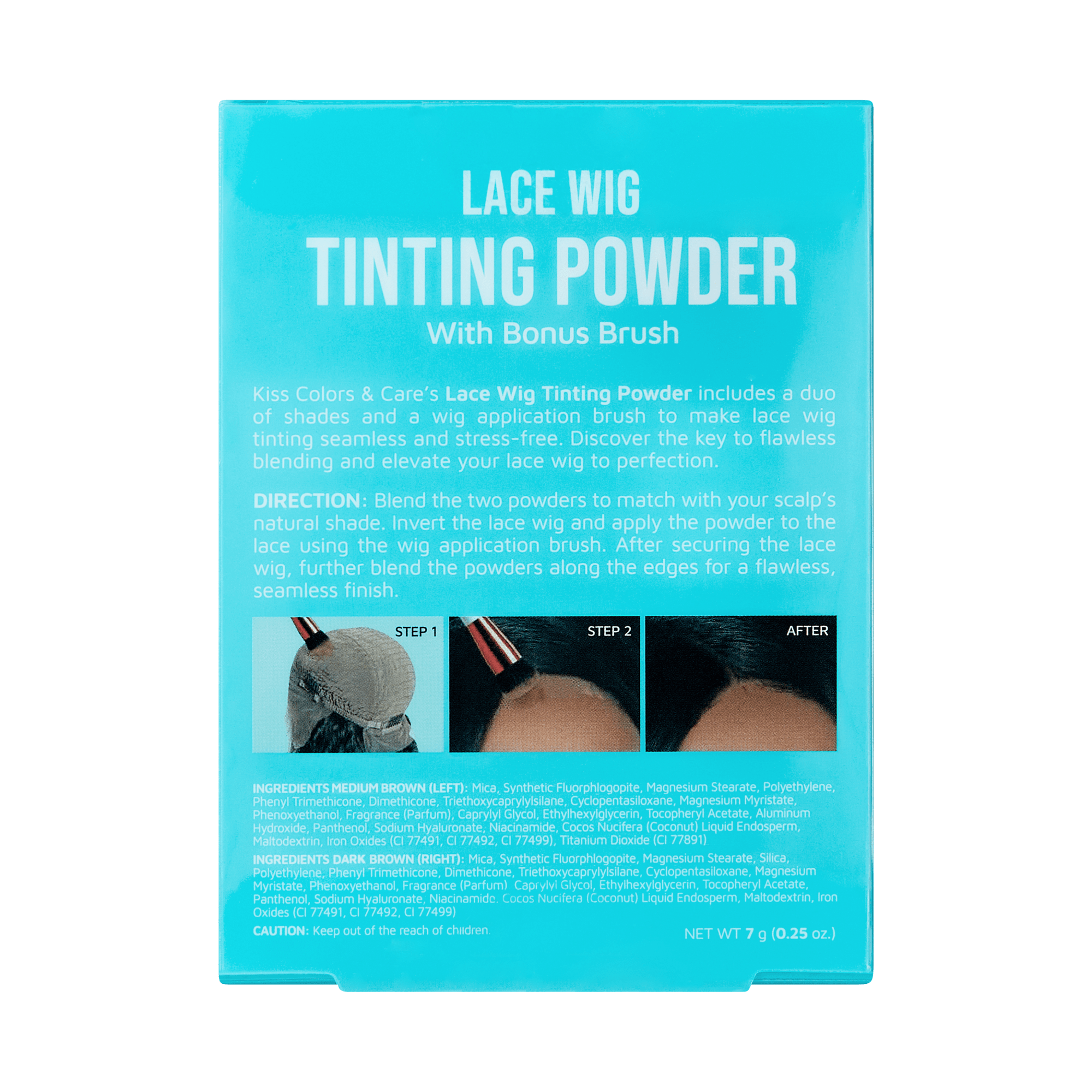 Lace wig tinting powder packaging with instructions on a green background