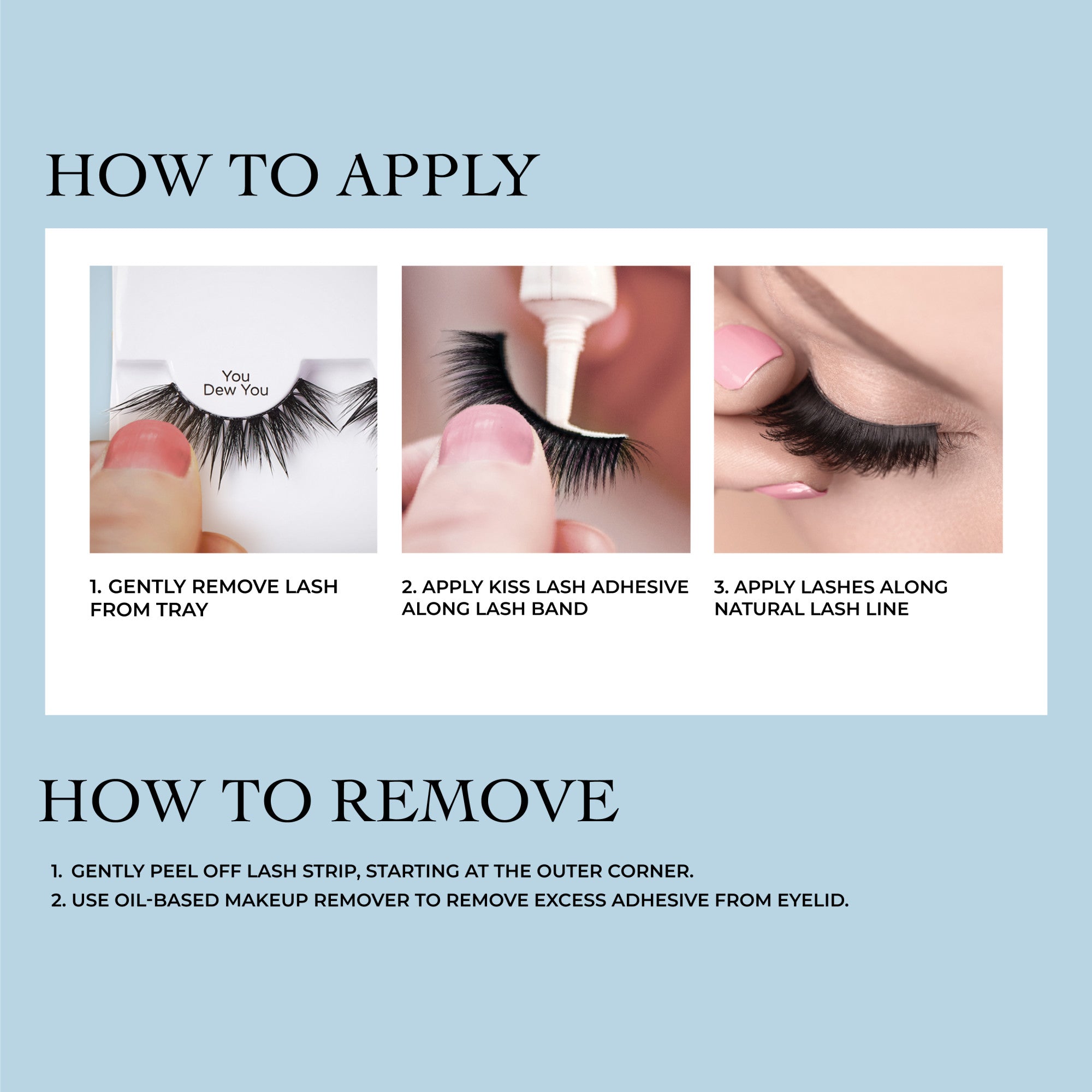 Instructions for applying and removing KISS Lash Drip - Drenched false eyelashes shown with close-up images on a light blue background.