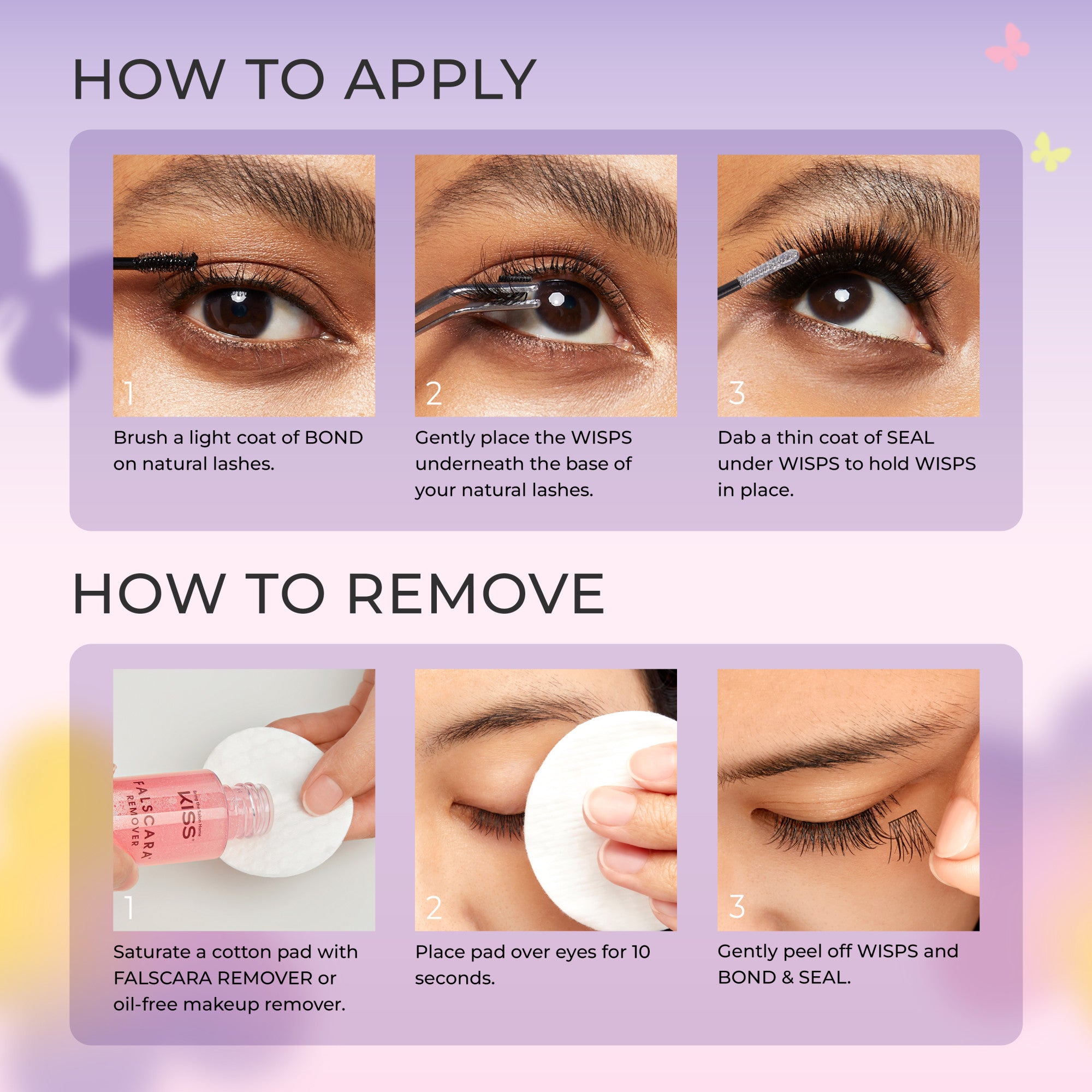 Step-by-step tutorial on a purple background showing close-ups of applying and removing false lash clusters using bond, wisps, seal, and makeup remover cotton pads.
