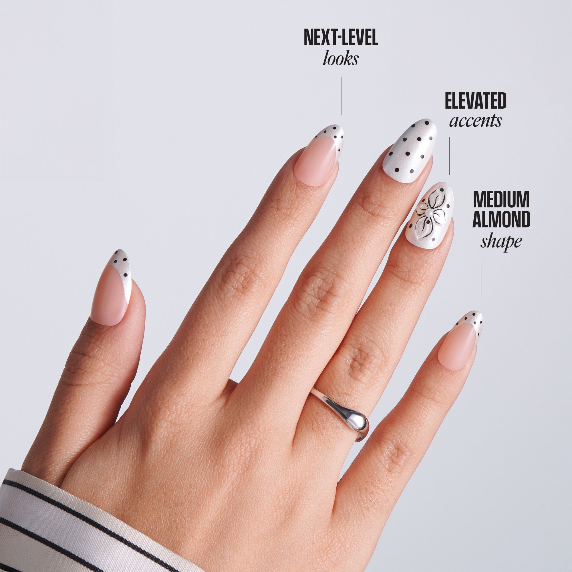 Kiss Glam Jeweled Press On Fake Glue Nails - Mood Pop | 3D & Jeweled French Design, Black & White, Medium, Almond