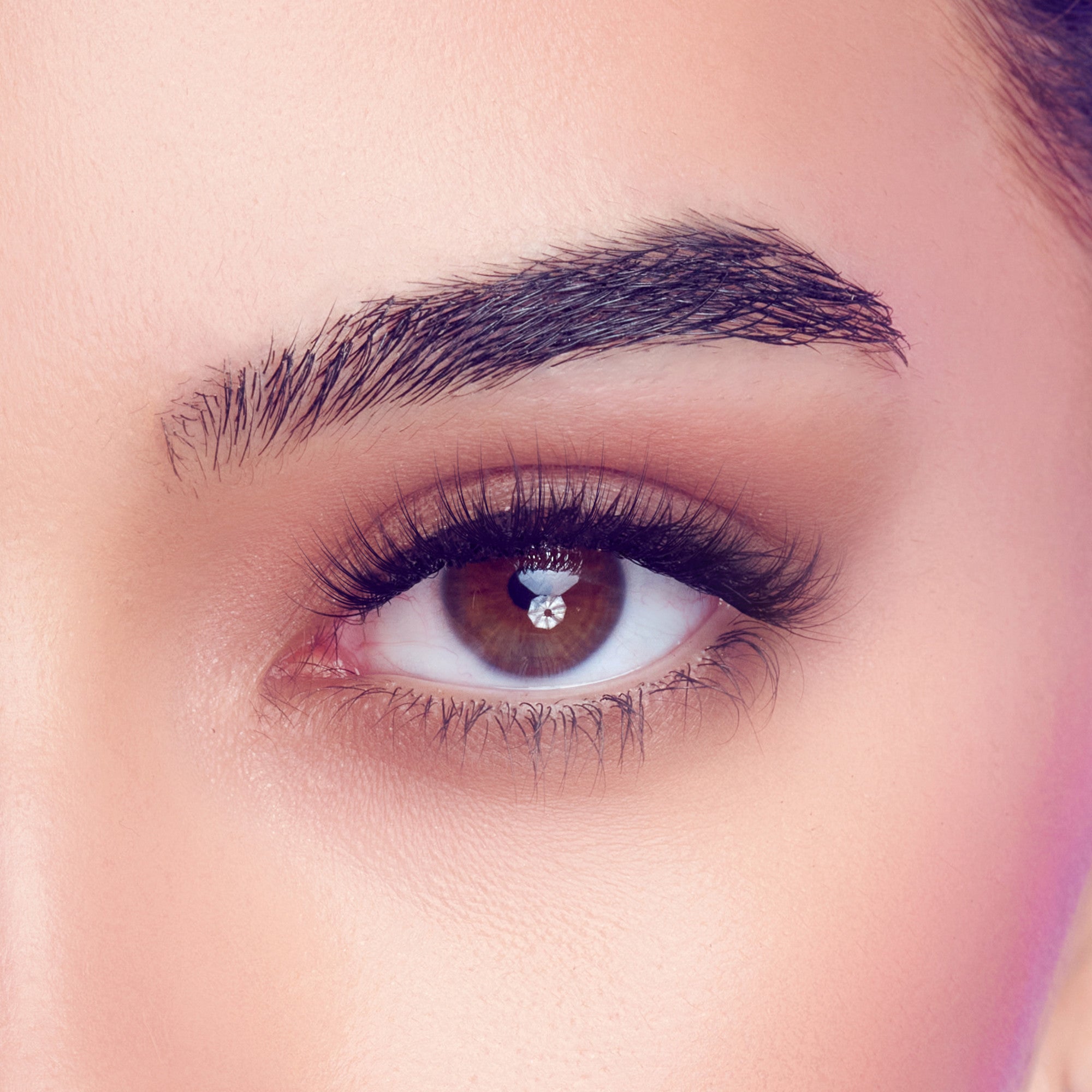 Close-up of a brown eye with long, thick, and curled lash extensions, showcasing a natural, voluminous look with soft makeup and well-groomed eyebrow.