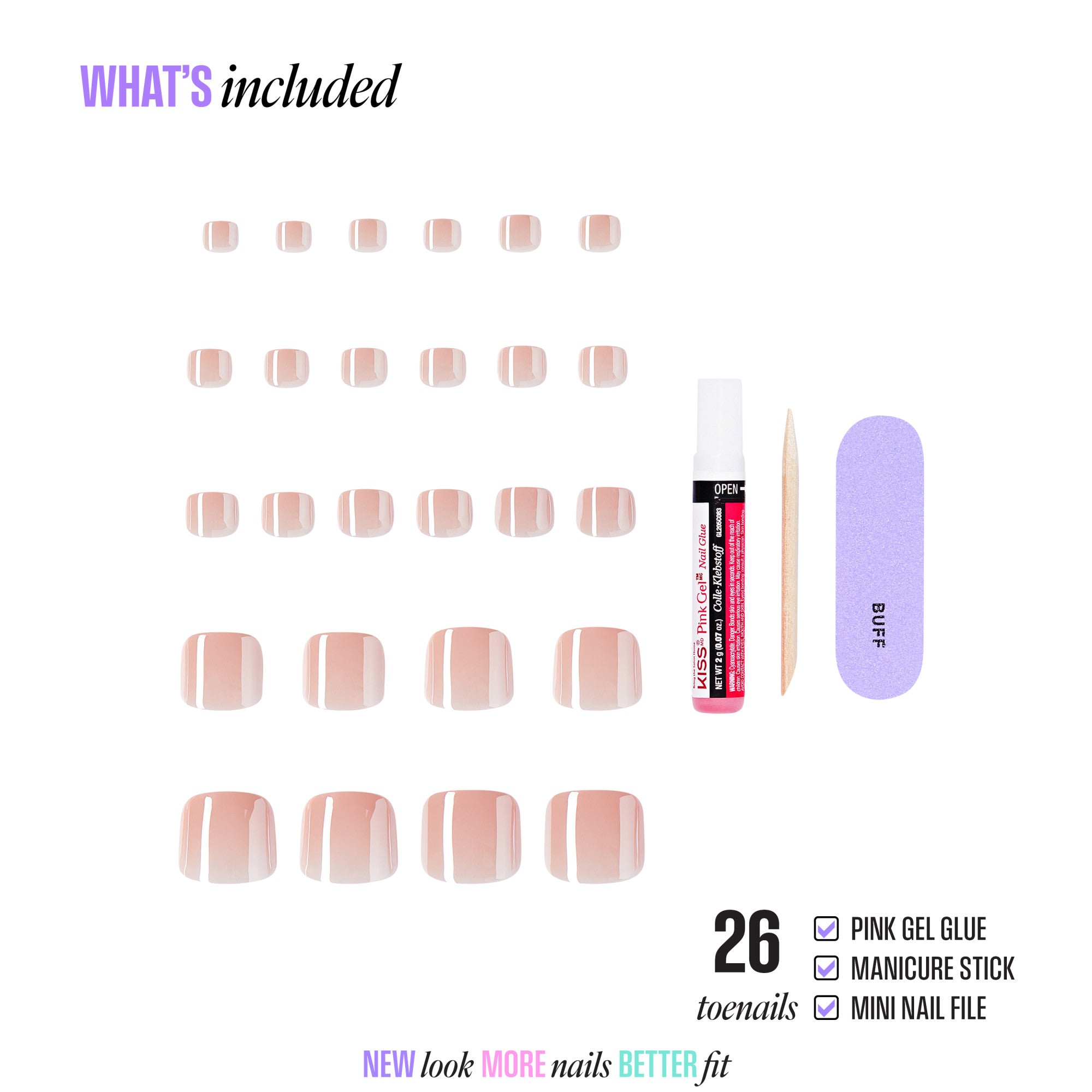 26 nude gel nail strips with pink gel glue, manicure stick, and mini nail file included.