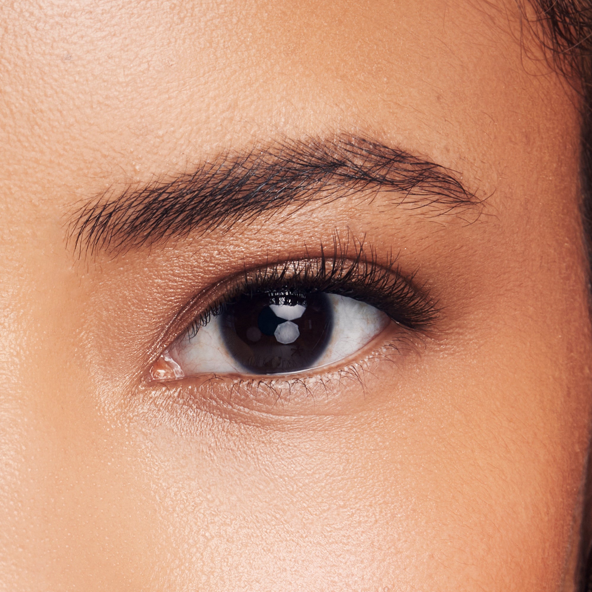 Close-up of a brown eye with natural-looking, wispy self-adhesive false eyelashes applied, highlighting a subtle and elegant lash enhancement.