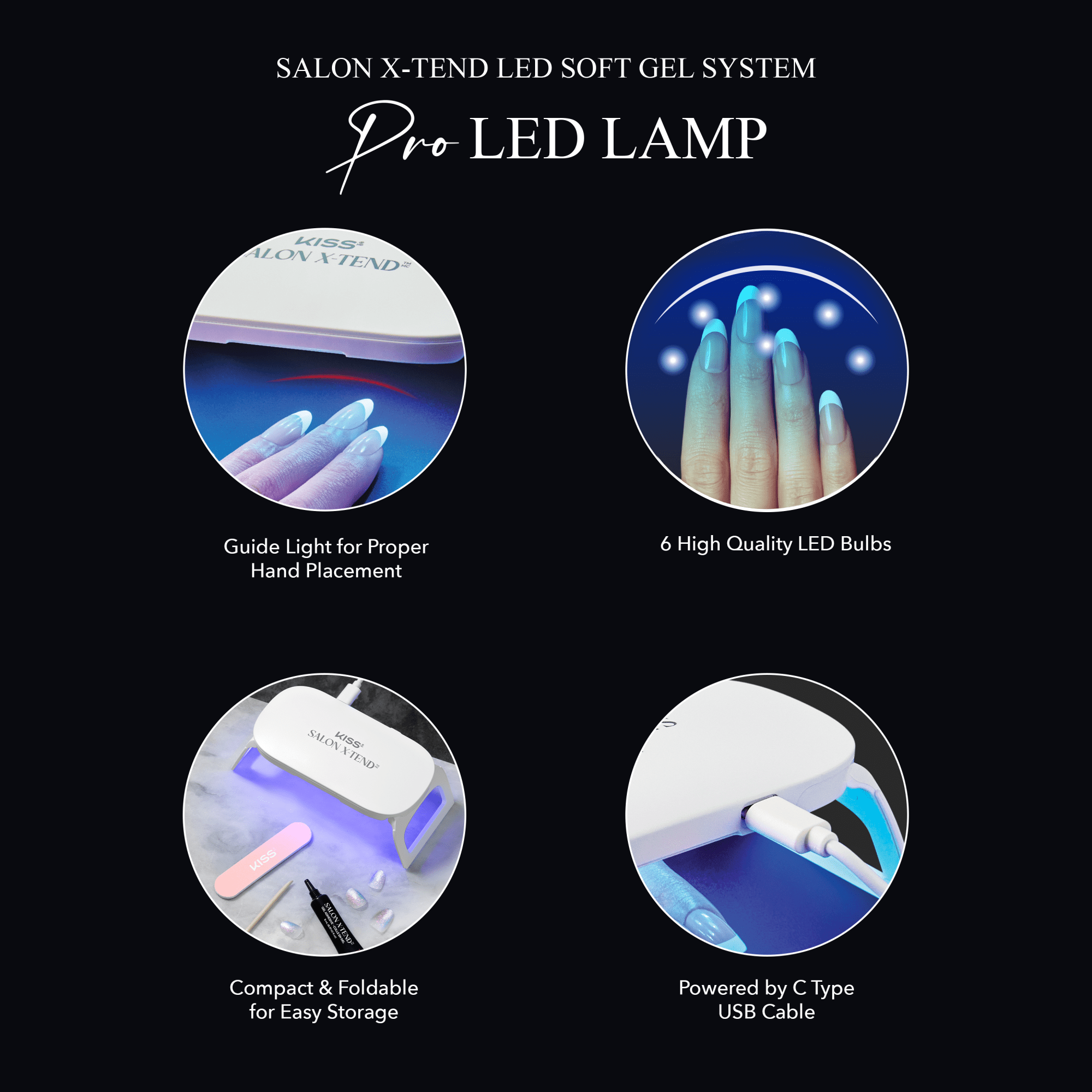 KISS Salon X-tend Pro LED Lamp shown curing nails with soft gel, featuring guide light, 6 LED bulbs, compact foldable design, and powered by C Type USB cable.