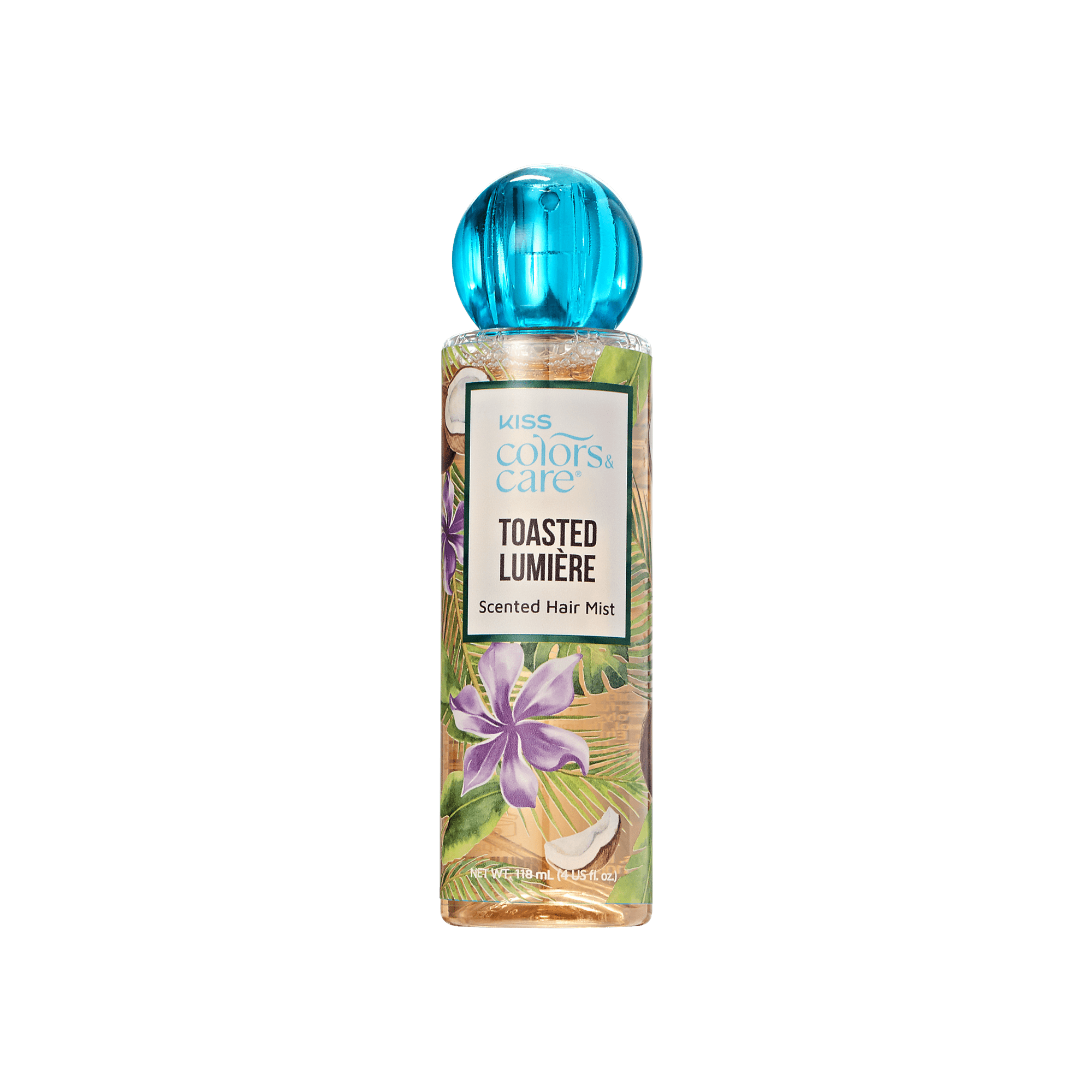 Clear 4 oz spray bottle of KISS Colors & Care Toasted Lumière scented hair mist with blue round cap and floral coconut design.