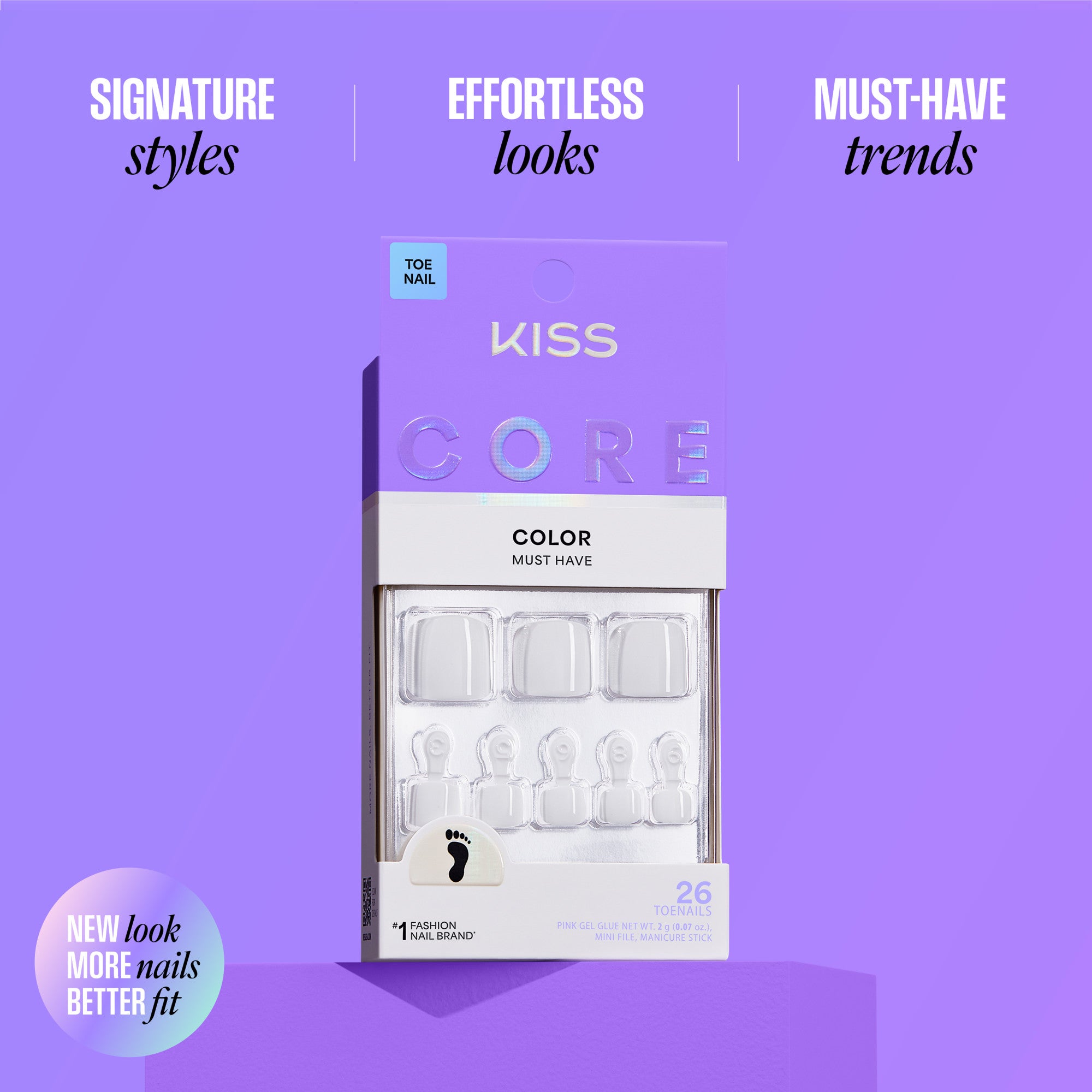 KISS Core 26 Toe Nails in clear with color swatches on purple background.