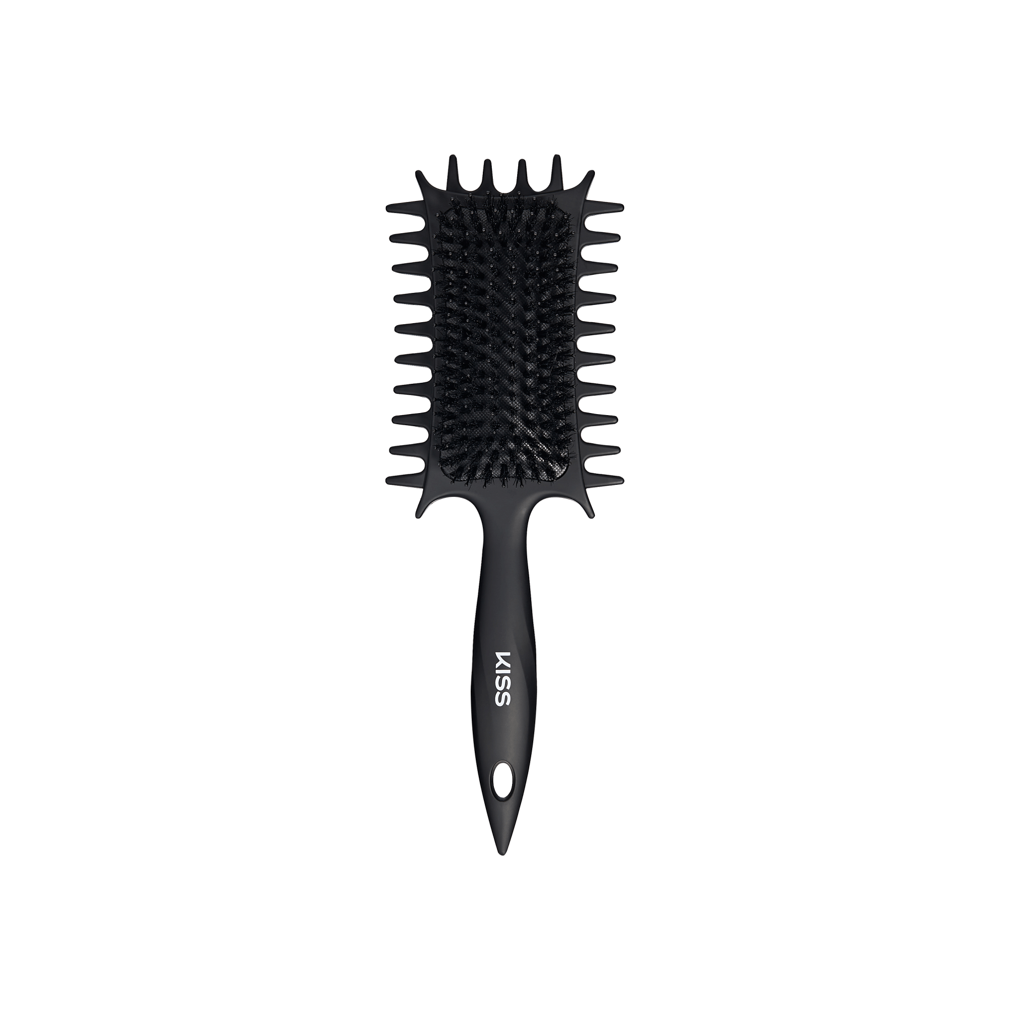 Black paddle brush with spiky bristles and ergonomic handle