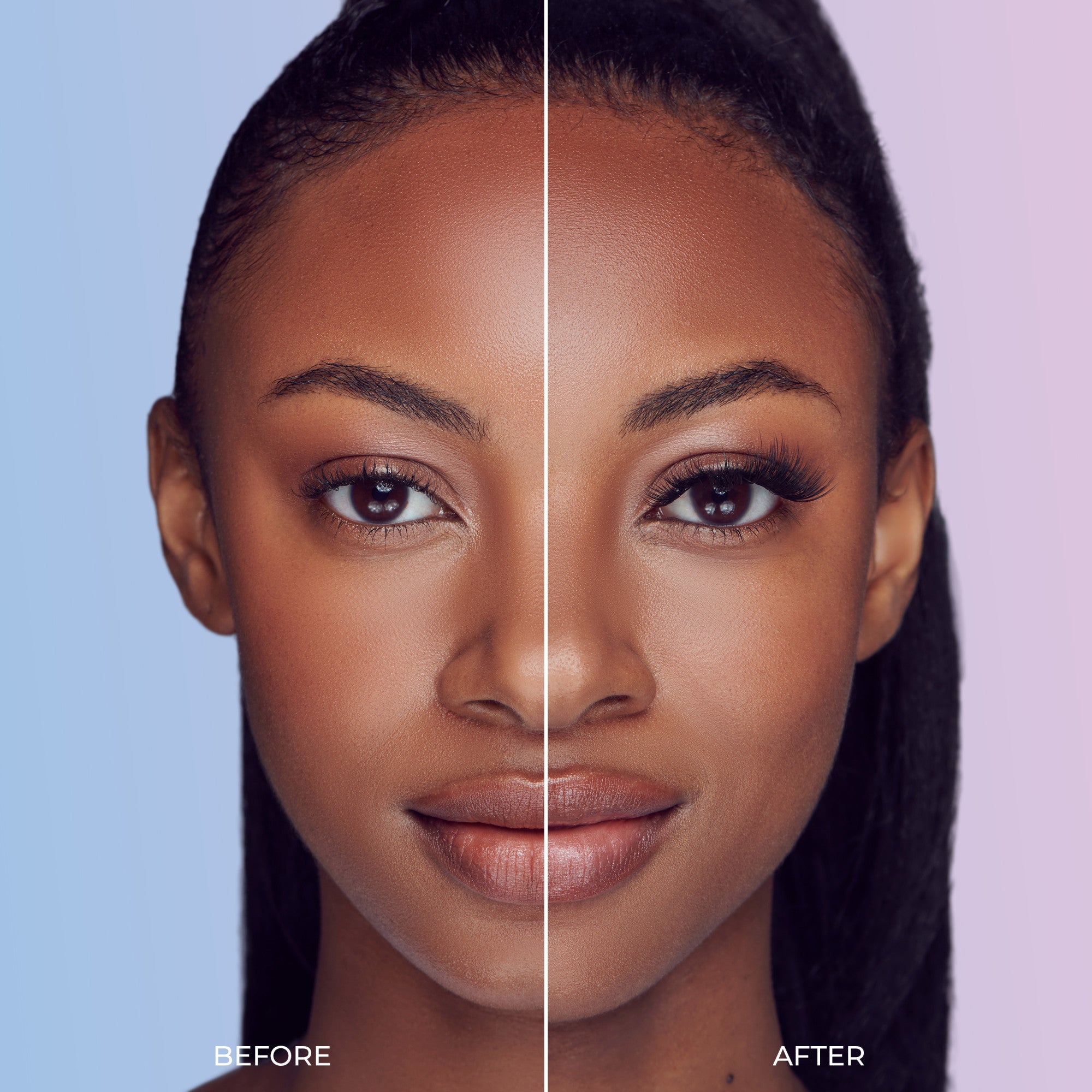 Close-up portrait of a woman split down the middle with a blue background on the left labeled \