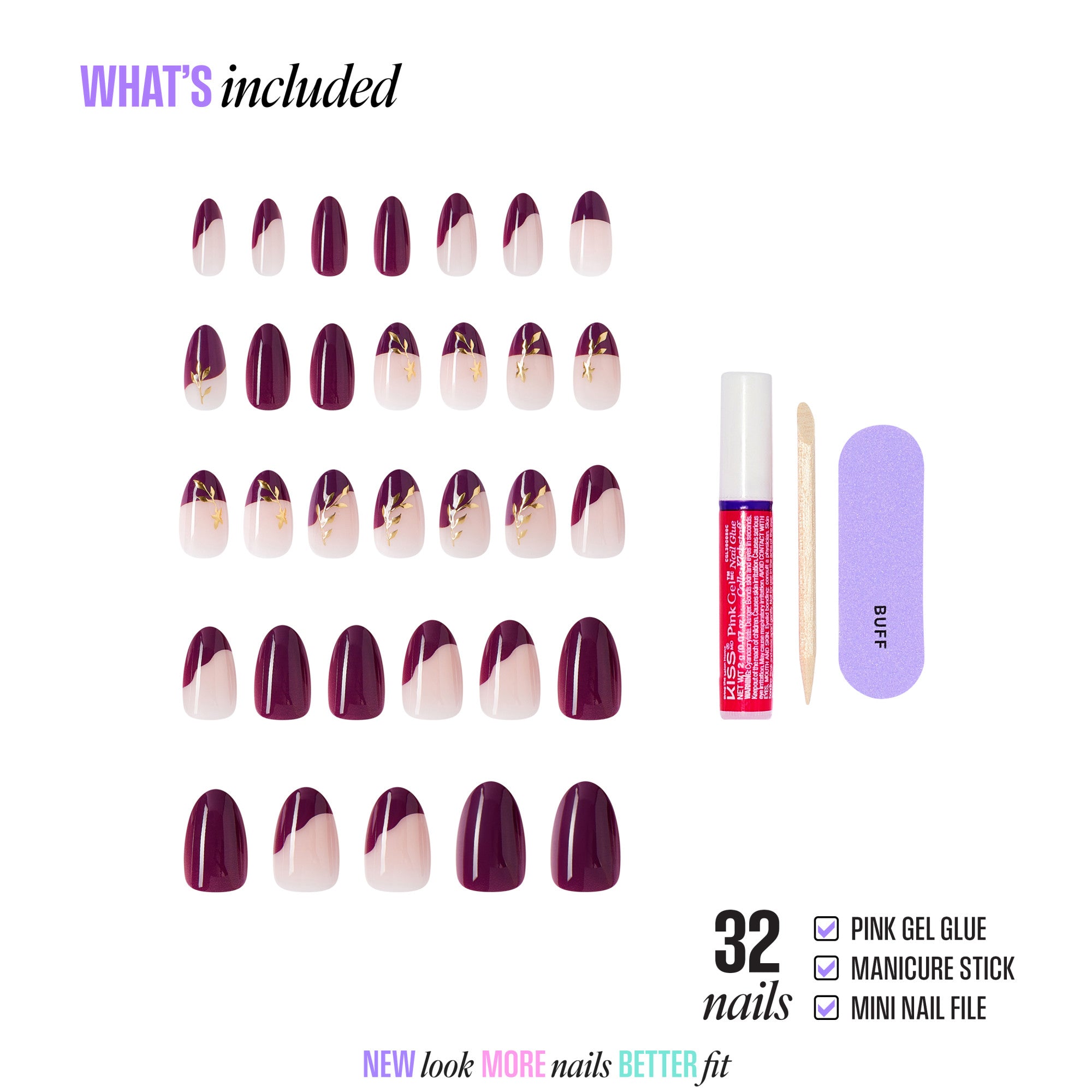 Kiss Core Design Press On Fake Glue Nails - Soft Glow | French Design, Purple, Medium, Almond