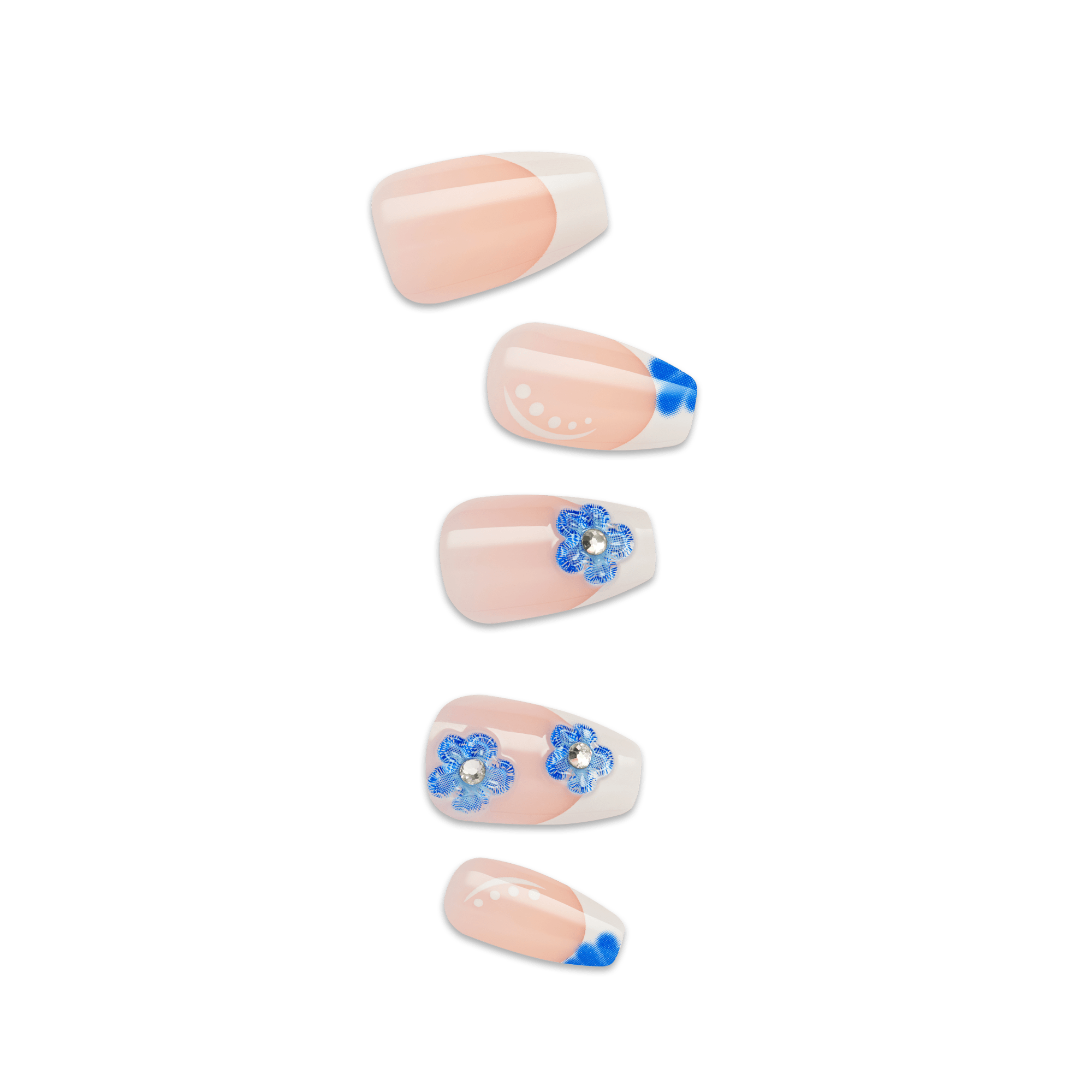 Five square-shaped press-on nails displayed vertically showing nude French tip with white dot art, blue corner accent, blue floral with rhinestone designs on transparent background