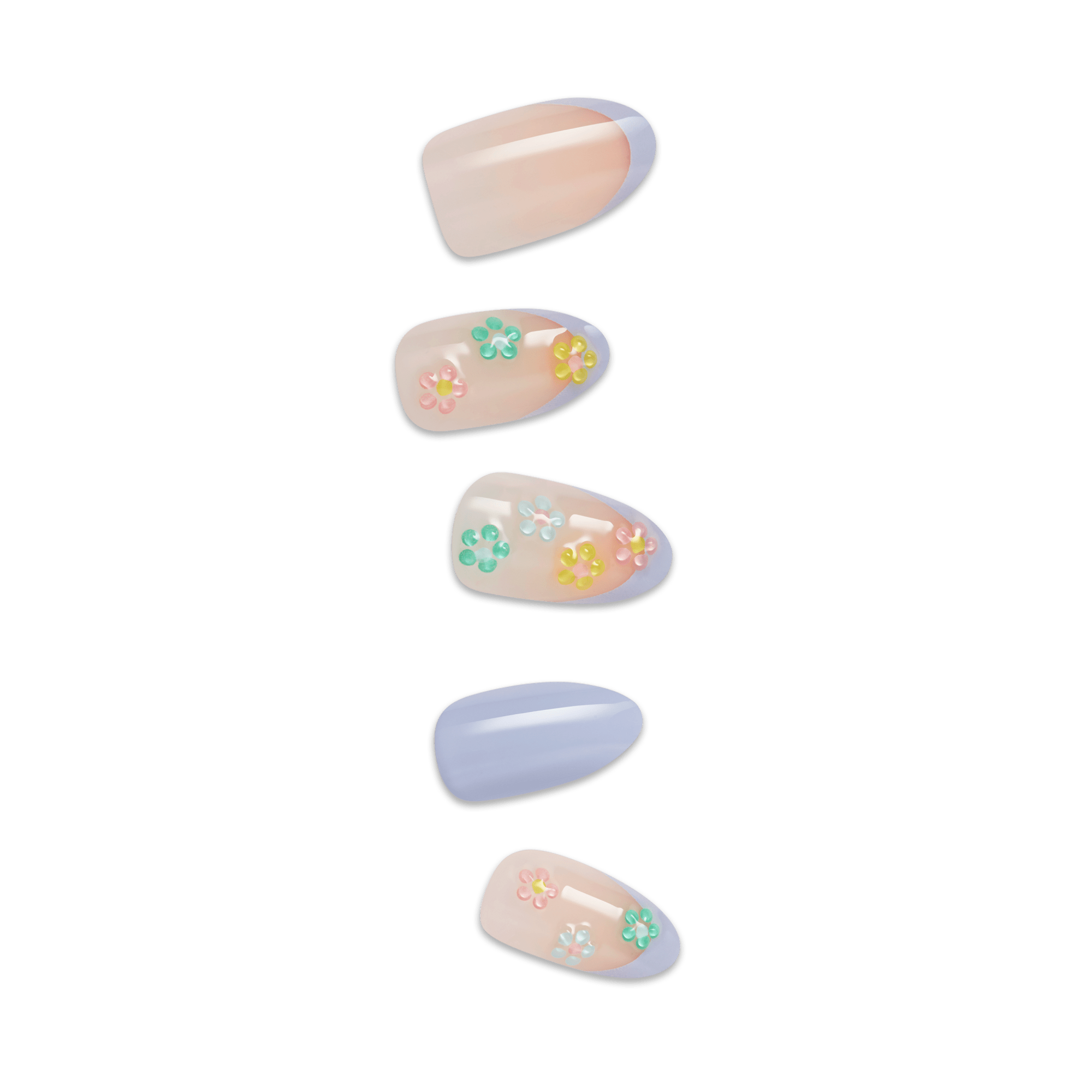 Five oval press-on nails with pastel base and colorful flower embellishments.