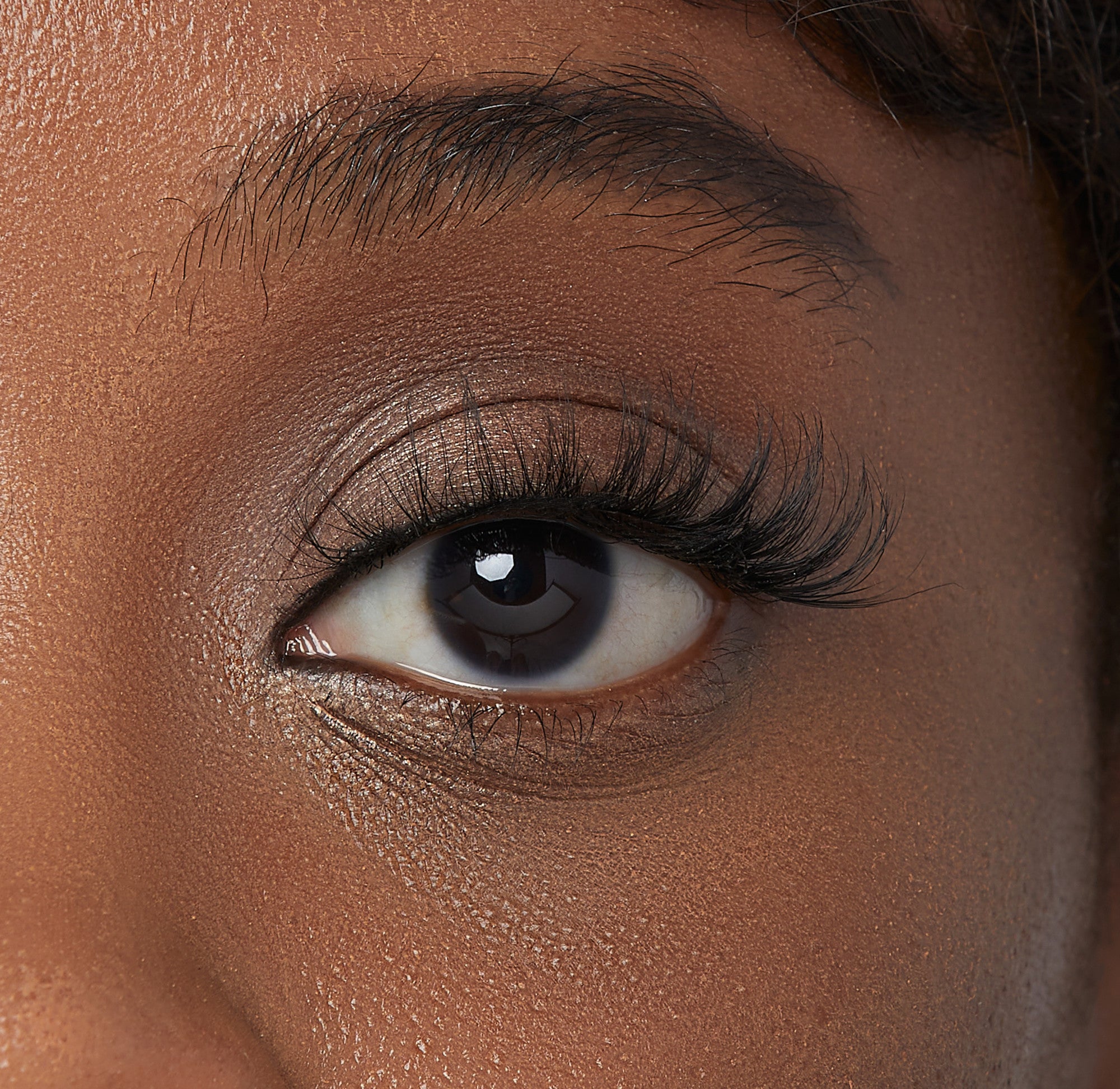 Close-up view of a brown eye with long, curled false eyelashes applied, showcasing a natural, voluminous look from the KISS Lash Couture Rebel Collection – vibin&