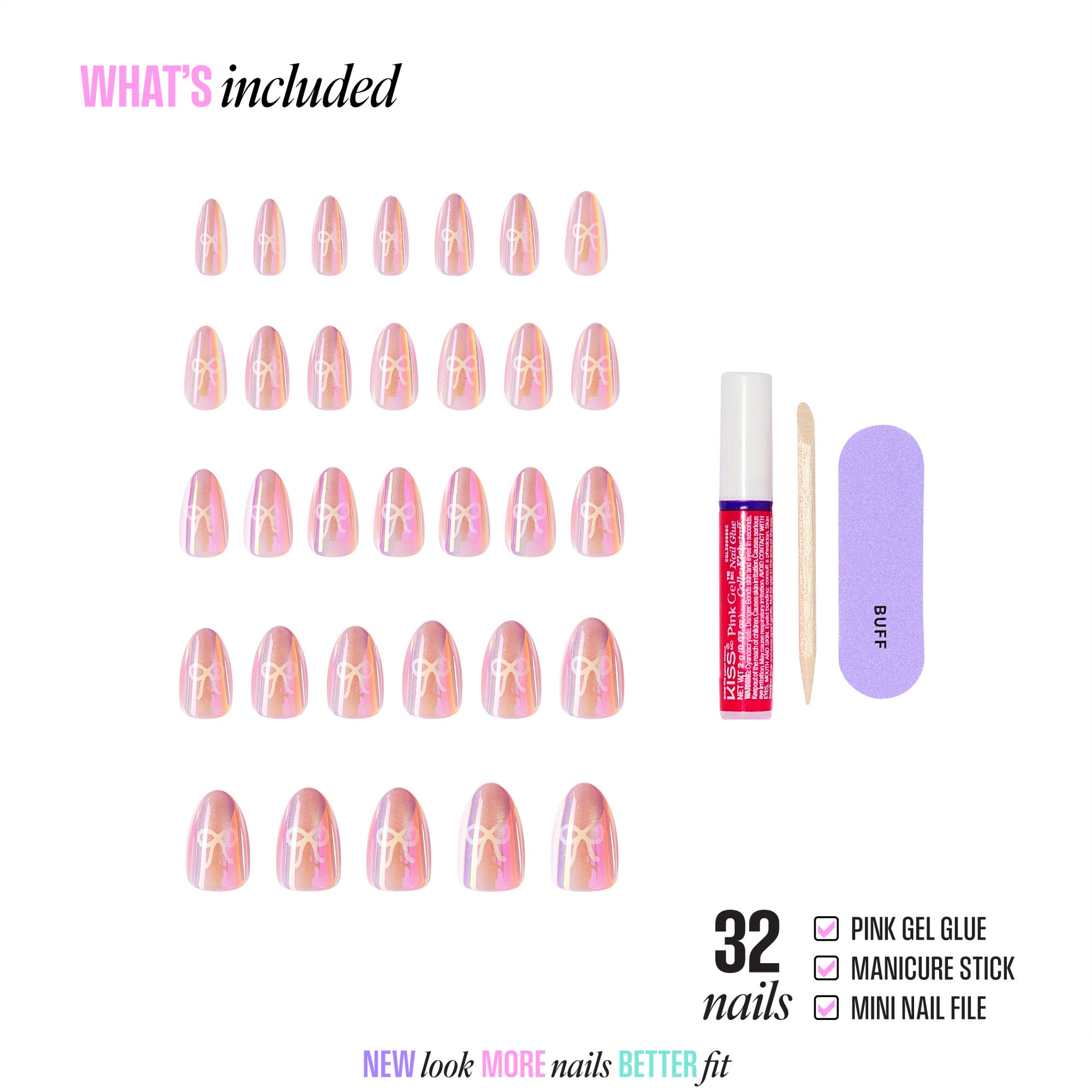 Kiss Glam Embellished Press On Fake Glue Nails - Happy Friday | 3D & Jewel Design, Pink, Medium, Almond