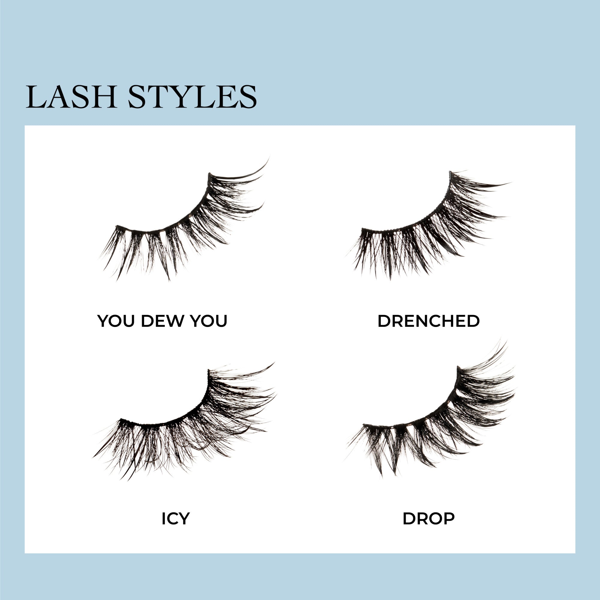 Four black false eyelash styles labeled \