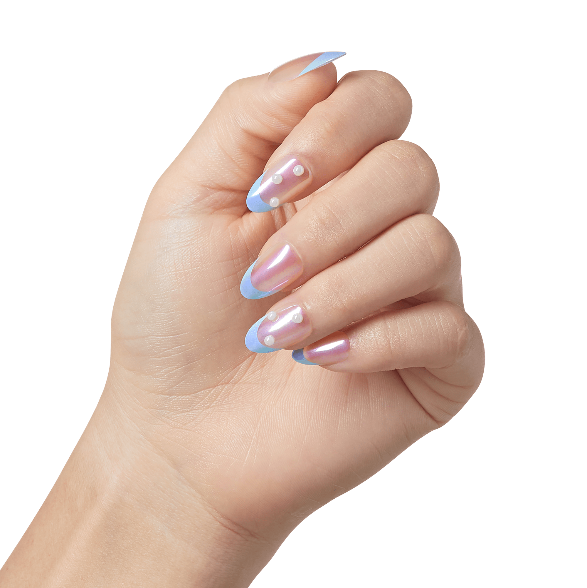 Hand showing five press-on nails with iridescent pink base, sky blue tips, and white pearl-like dots on the middle and ring fingers.