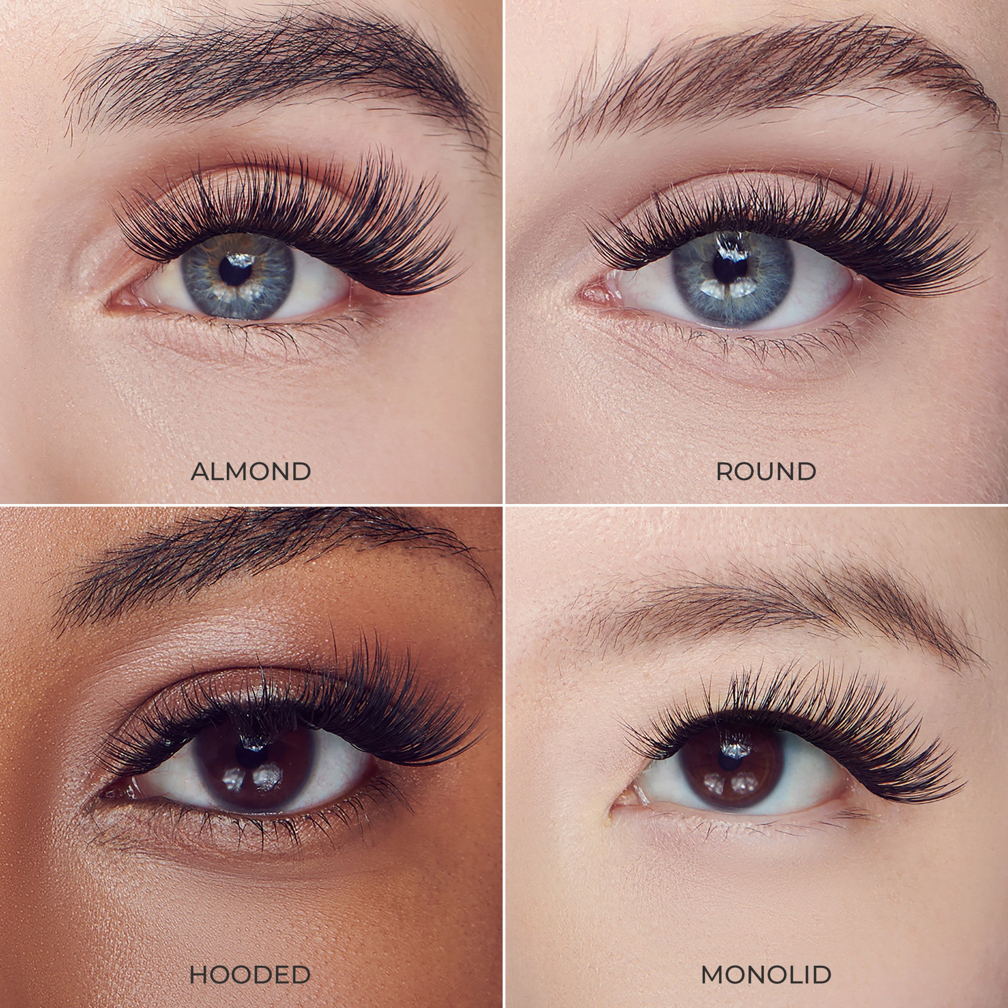 Close-up views of four different eye shapes—almond, round, hooded, and monolid—each wearing dense, long false eyelashes to showcase style versatility.