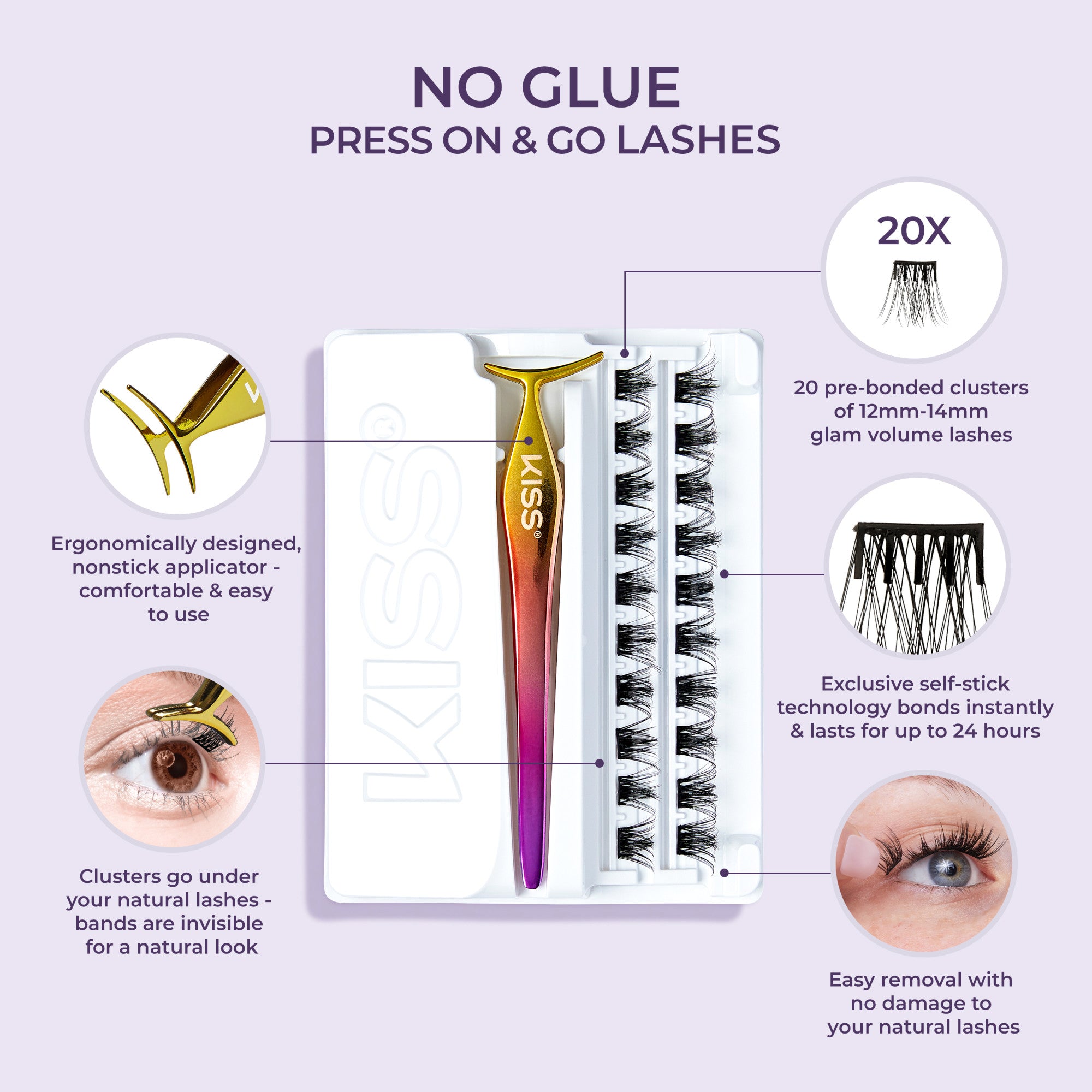 White tray with 20 black self-adhesive spiky eyelash clusters in two rows and a multicolor gold-to-purple ergonomic applicator, with text highlighting no glue needed and up to 24-hour wear.