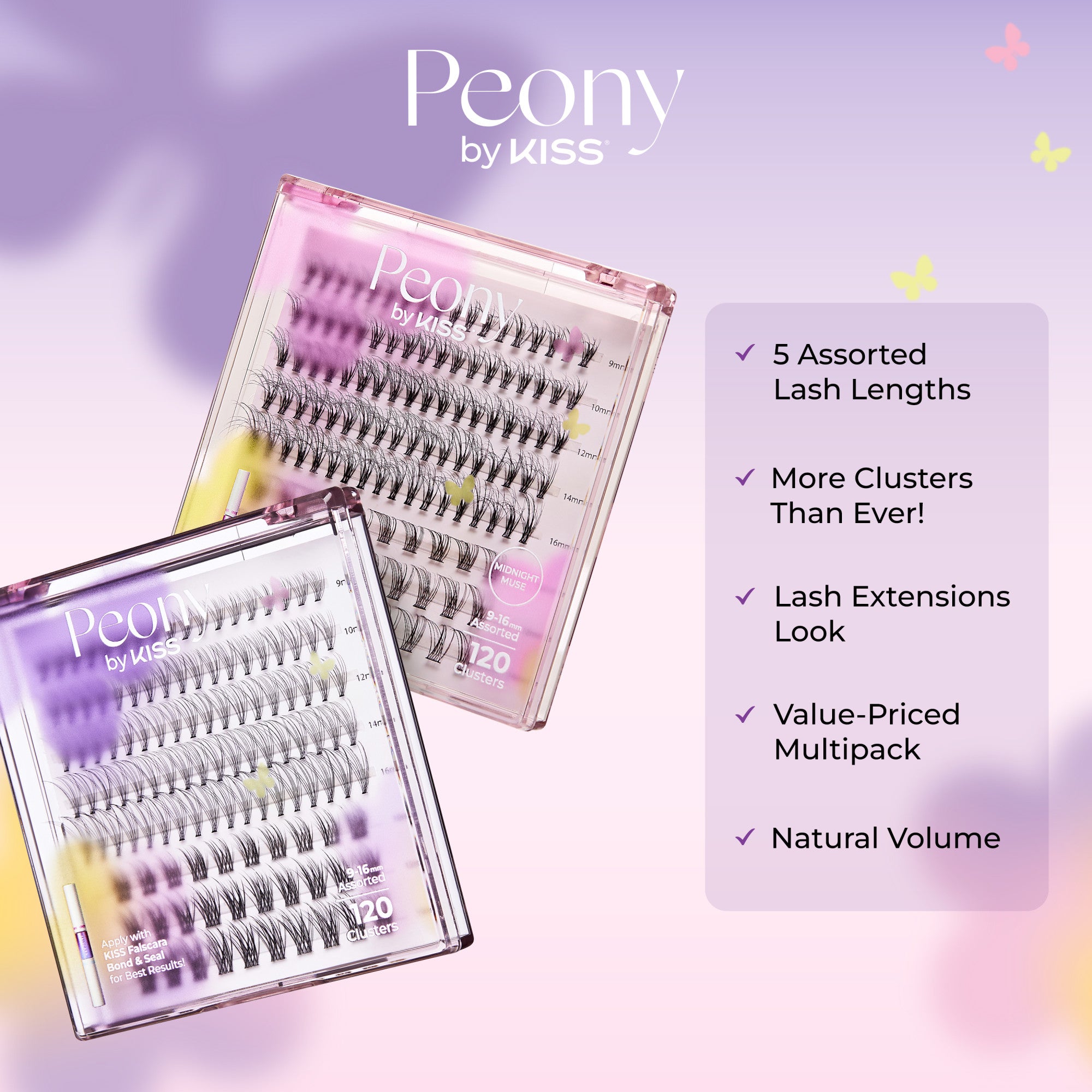 Two translucent pink and purple cases of Peony by KISS false eyelashes with 120 assorted lash clusters each, shown with text highlighting five lash lengths, more clusters, lash extension look, value-priced multipack, and natural volume.