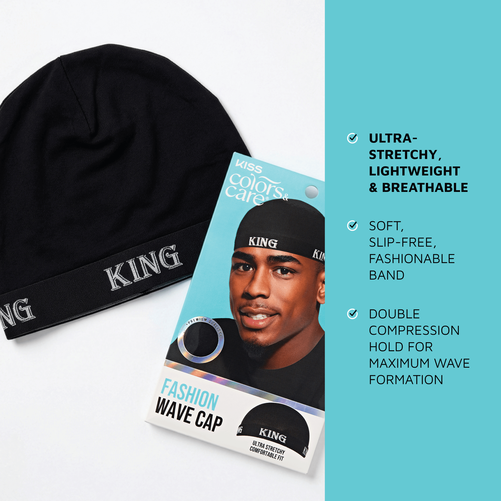 Kiss Colors Care Fashion Wave Cap in black with "KING" band, showing product packaging and key features.