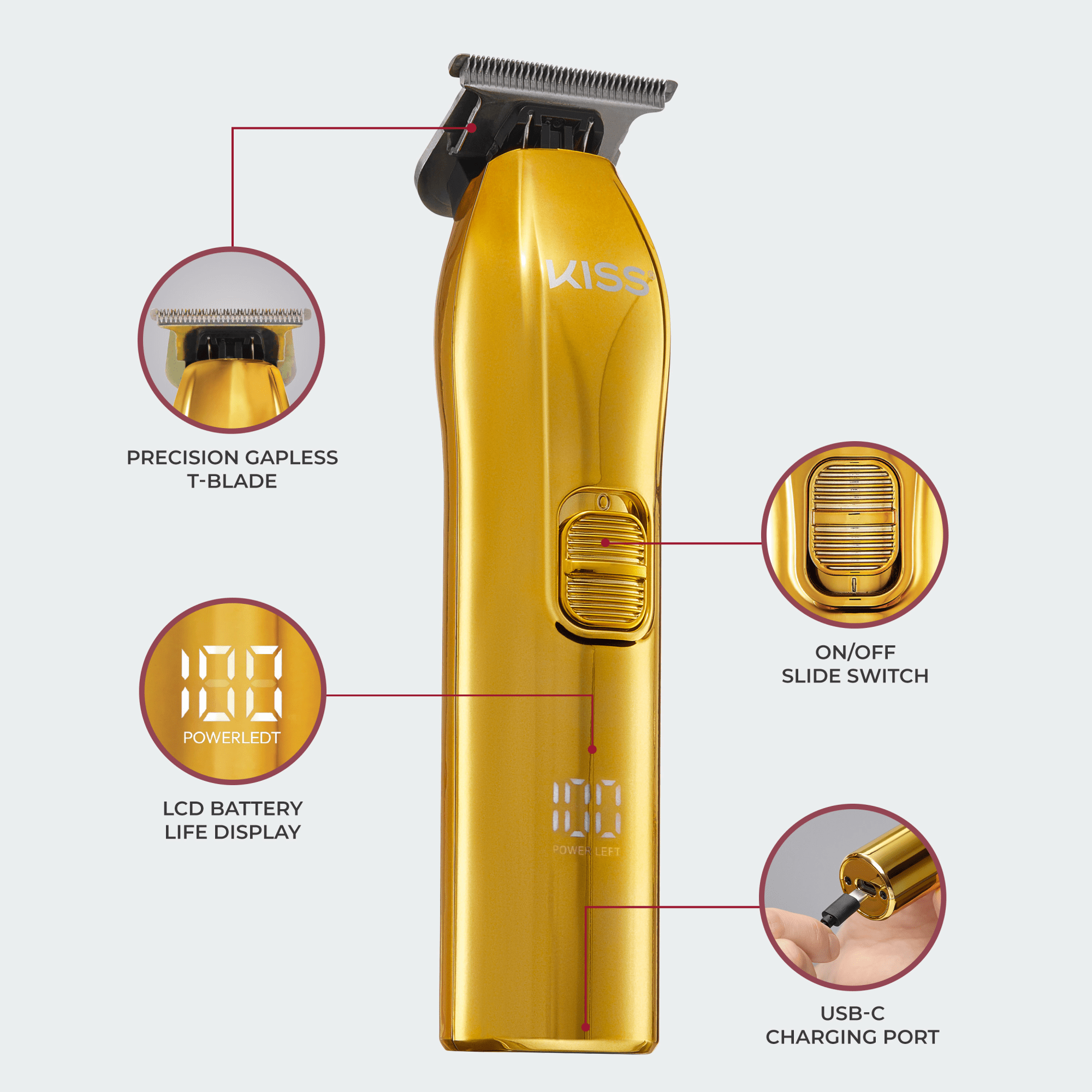 Gold cordless KISS beard and hair trimmer with precision gapless T-blade, on/off slide switch, LCD battery life display, and USB-C charging port.