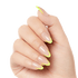 Close-up o fa hand modeling medium, almond shaped nails with yellow, French tip design. Nails are KISS Salon Acrylic French Color nails in &