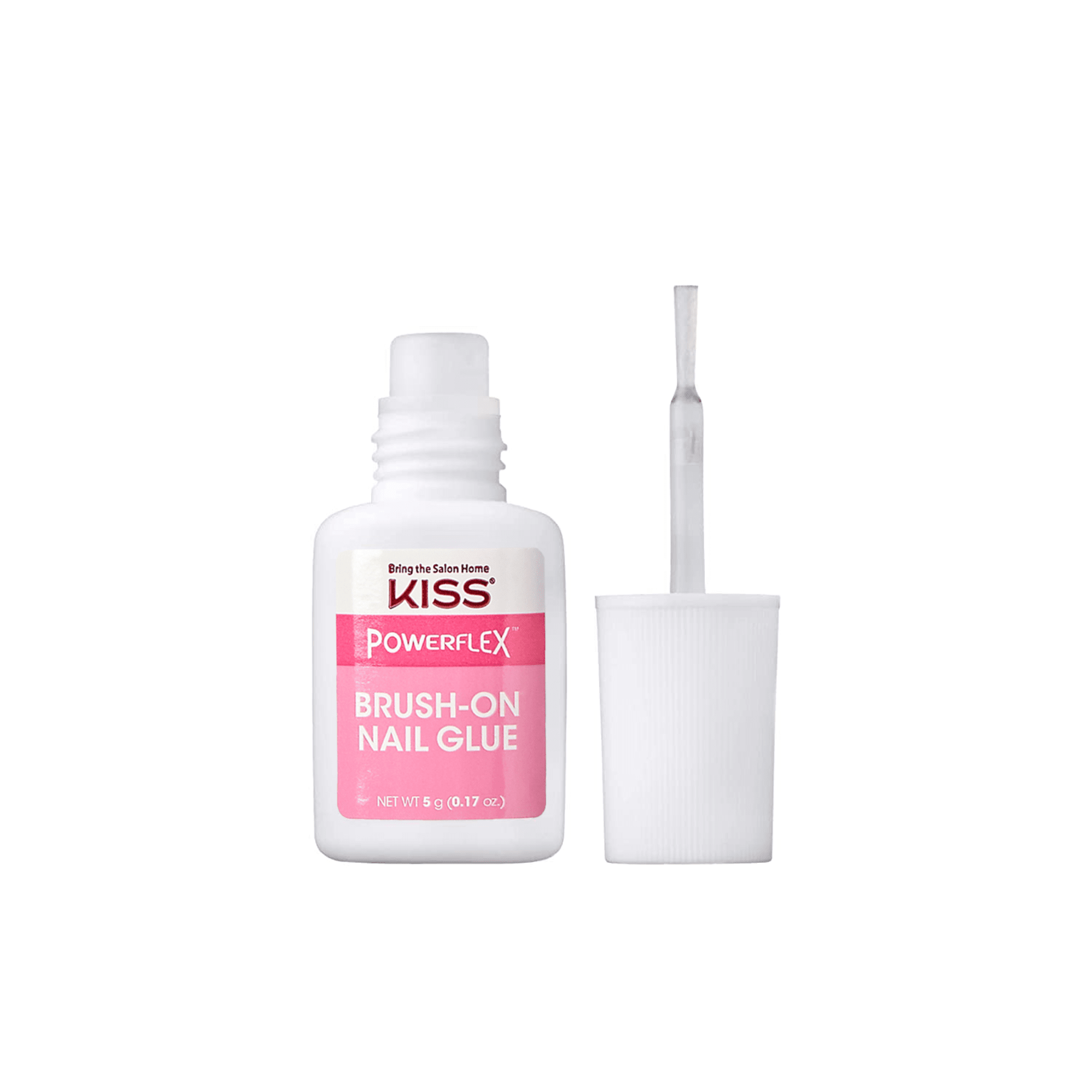 White plastic bottle of KISS PowerFlex Brush-On Nail Glue with a pink label, next to its white brush-cap applicator removed and upright.