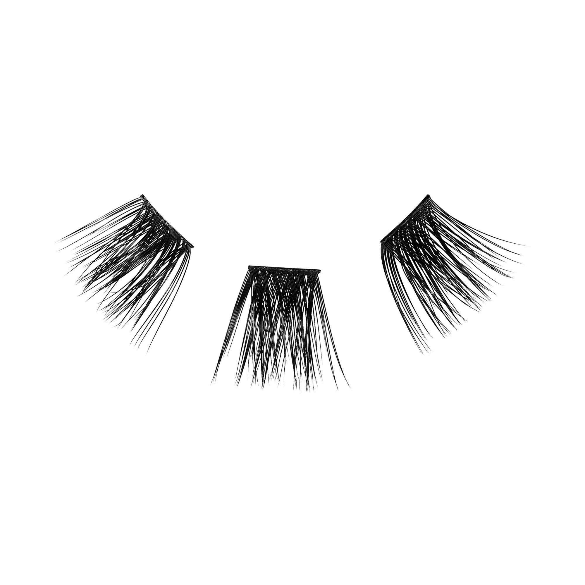Three black 12mm false eyelash wisps arranged on a white background, showing varied lengths for extra dramatic effect.